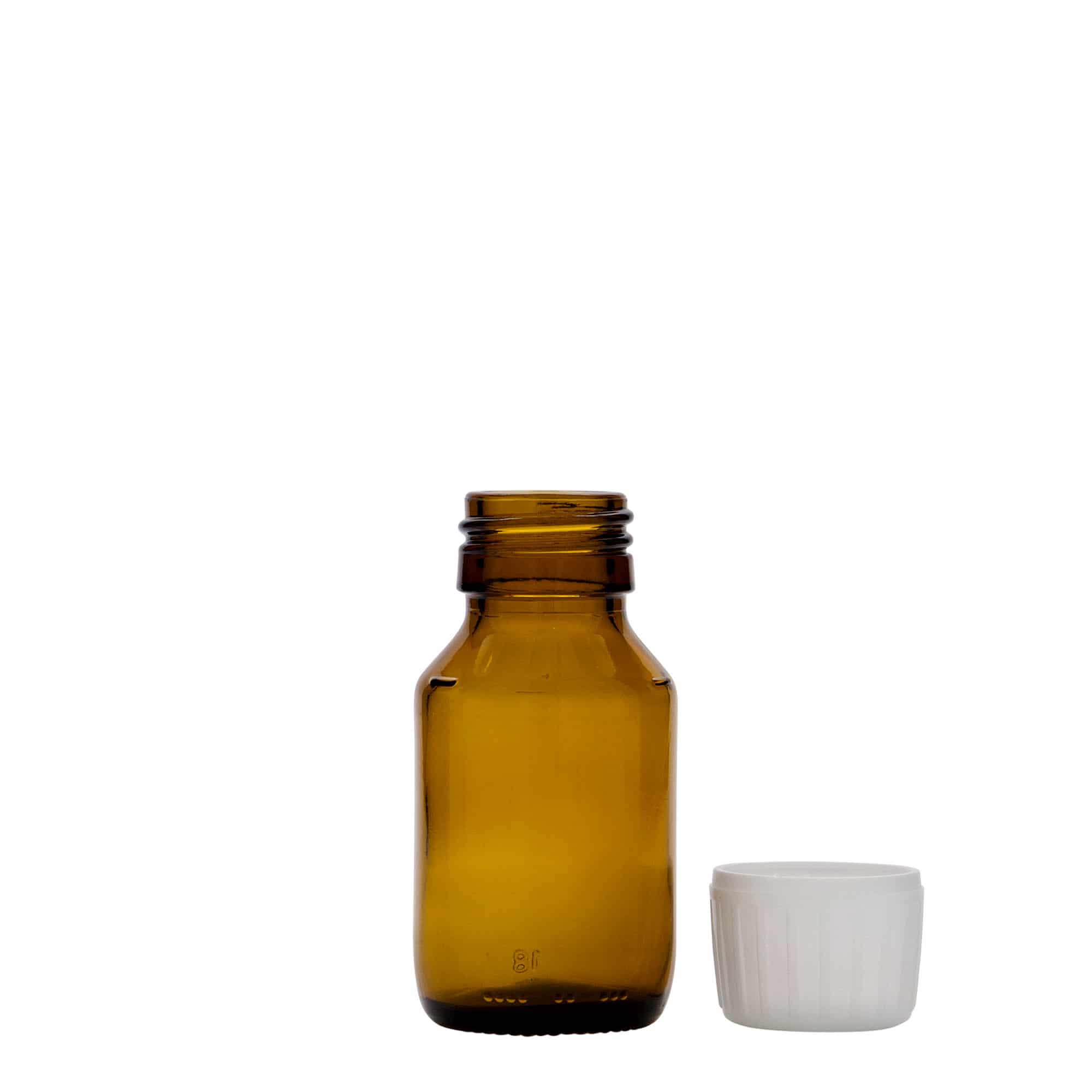 50 ml medicijnflesje, bruin, glas, opening: PP 28
