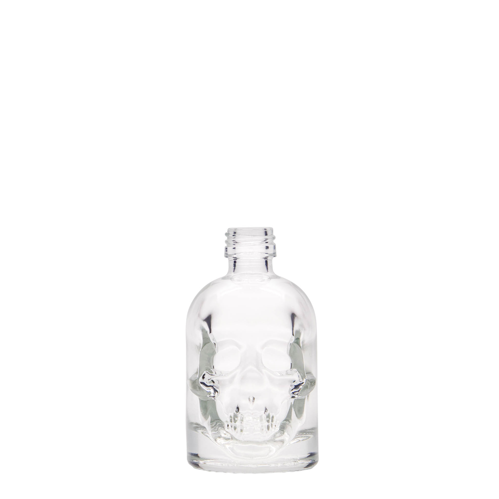 50 ml glazen fles 'Doodskop', mondstuk: PP 18 50 ml glazen fles 'Doodskop', mondstuk: PP 18
