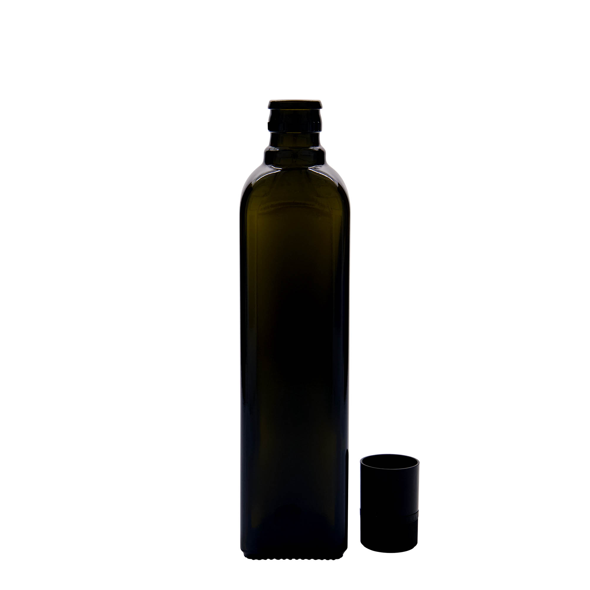 500 ml azijn-/olieflacon 'Quadra', glas, vierkant, antiekgroen, mondstuk: DOP