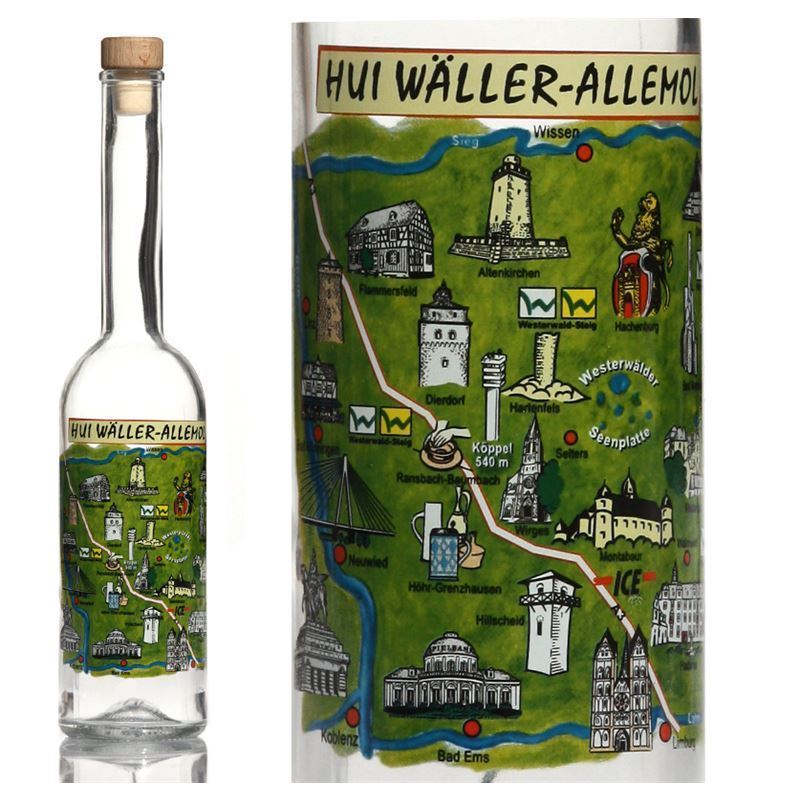 500 ml glazen fles 'Opera', motief: Westerwald, opening: kurk 500 ml glazen fles 'Opera', motief: Westerwald, opening: kurk
