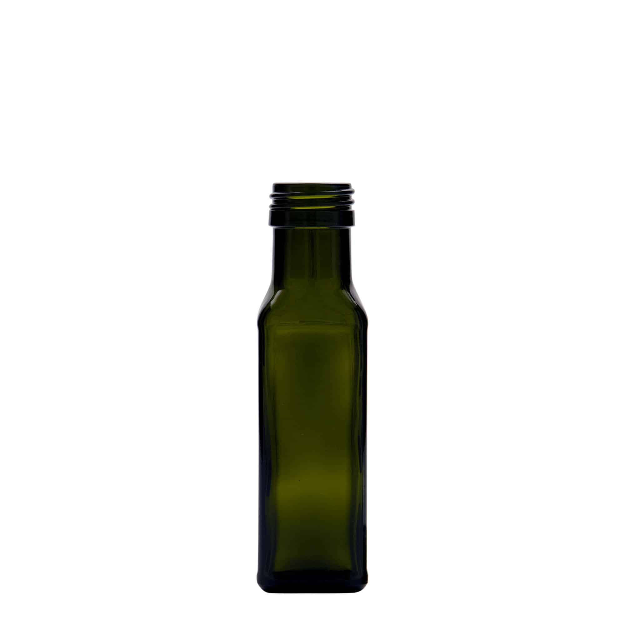 Glazen fles 'Marasca', 100 ml, vierkant, antiekgroen, monding: PP 31,5 Glazen fles 'Marasca', 100 ml, vierkant, antiekgroen, monding: PP 31,5