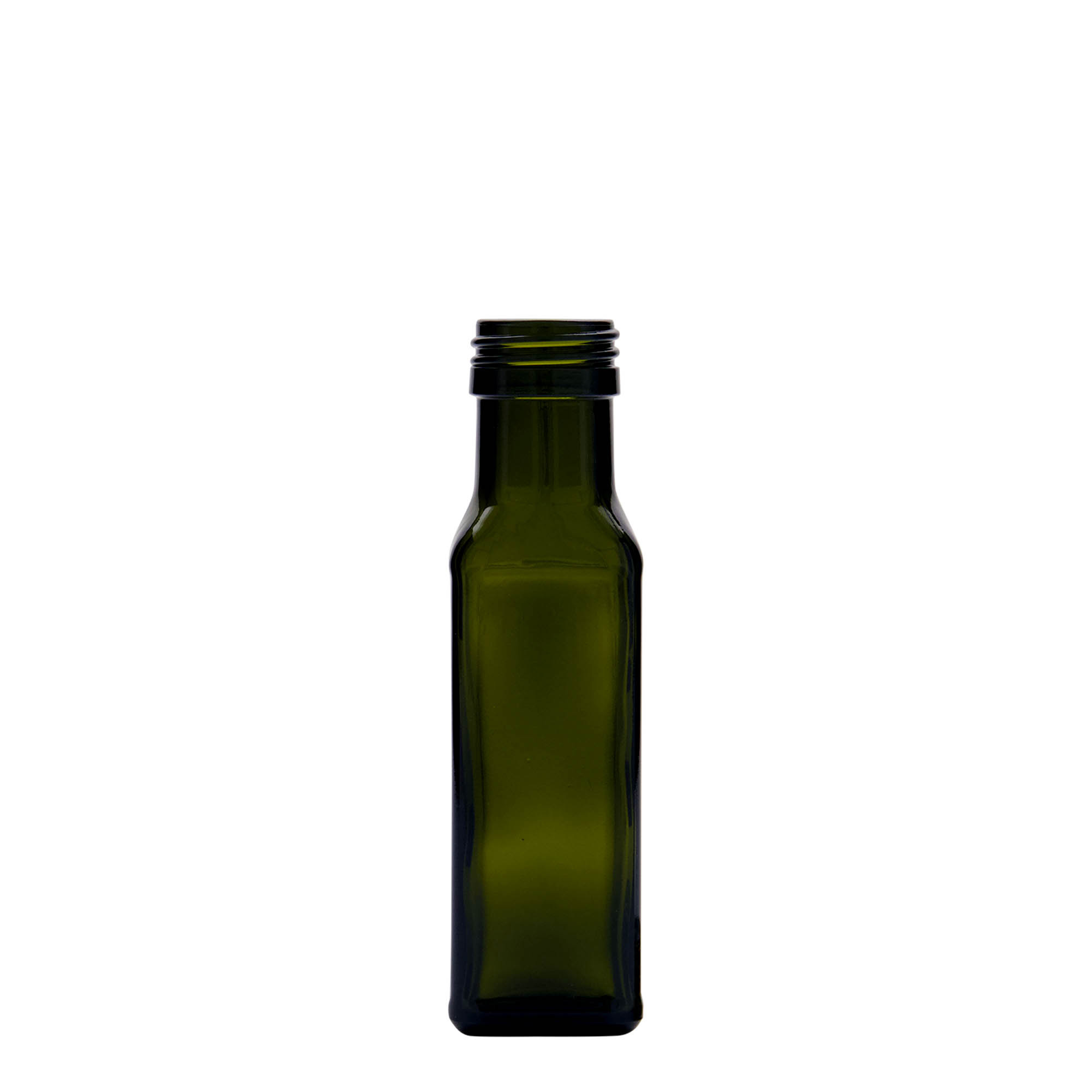 100 ml glazen fles 'Marasca', vierkant, antiekgroen, hals: PP 31,5 100 ml glazen fles 'Marasca', vierkant, antiekgroen, hals: PP 31,5