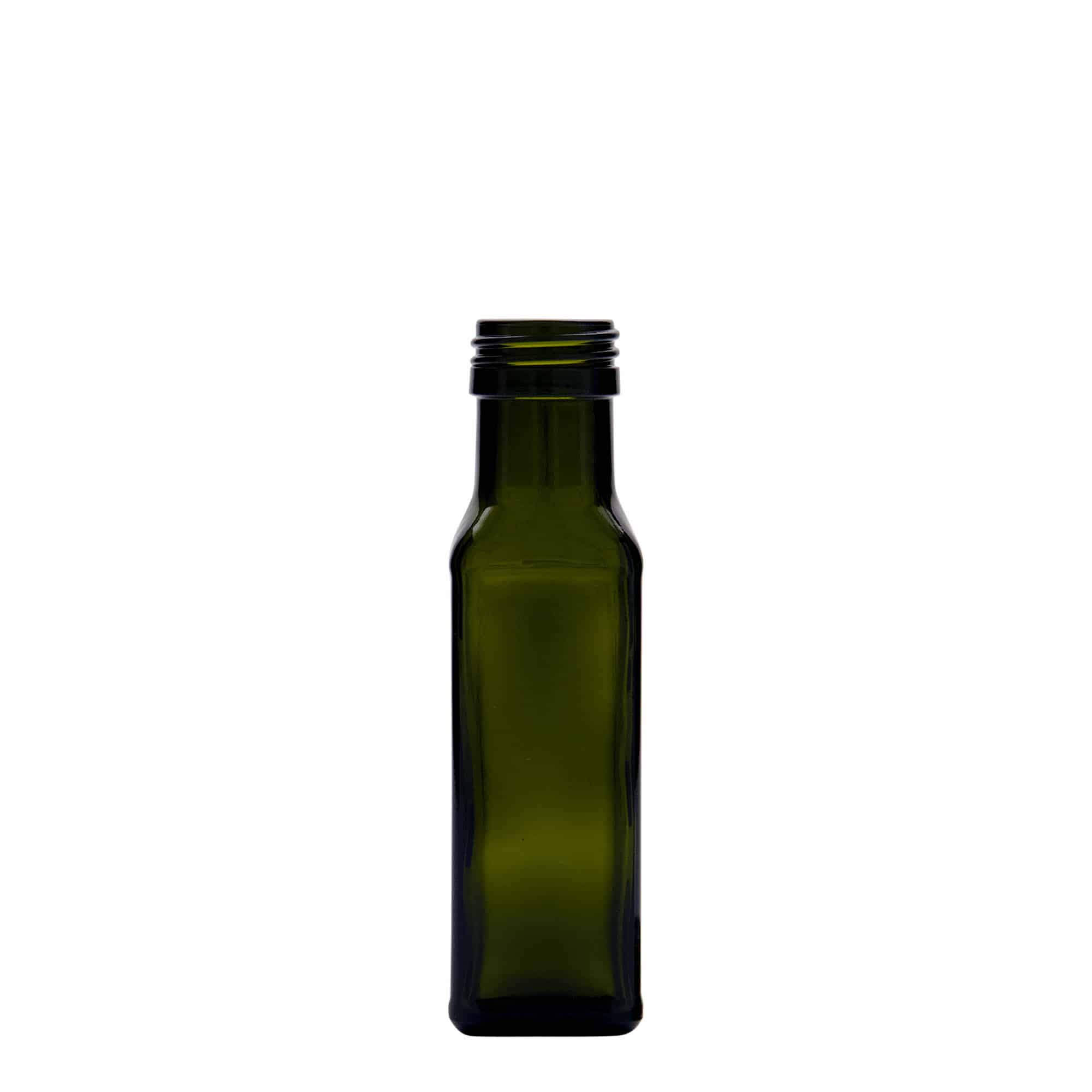 100 ml glazen fles 'Marasca', vierkant, antiekgroen, hals: PP 31,5