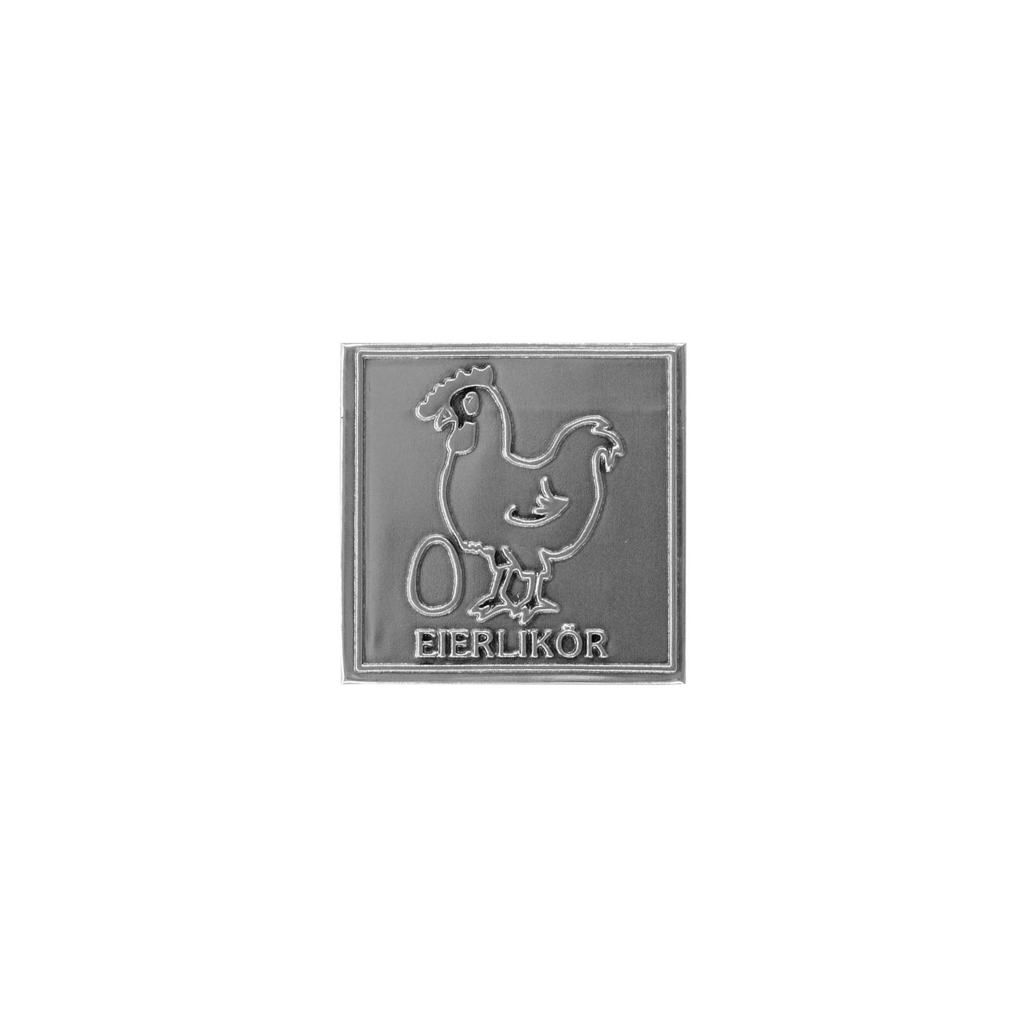 Tinlabel 'Eierlikör', vierkant, metaal, zilver Tinlabel 'Eierlikör', vierkant, metaal, zilver
