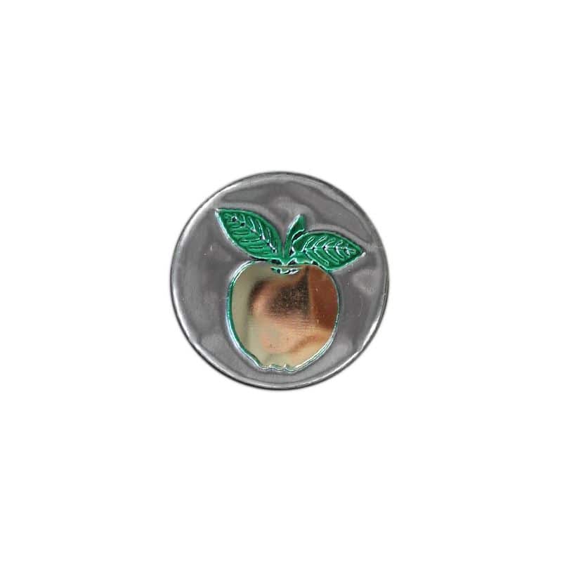 Tinnen etiket 'Appel', rond, metaal, zilver Tinnen etiket 'Appel', rond, metaal, zilver