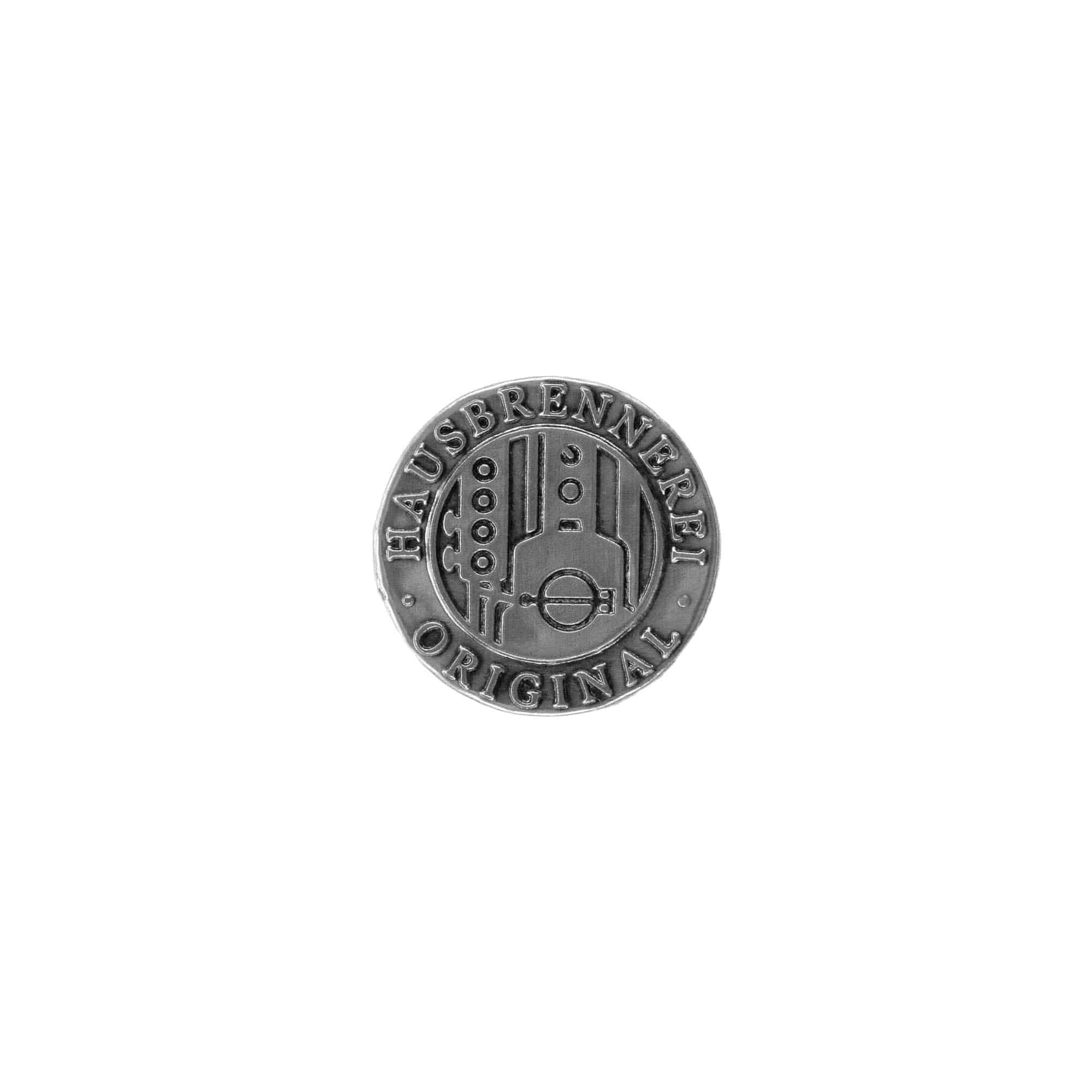 Tinlabel 'Hausbrennerei', rond, metaal, zilver