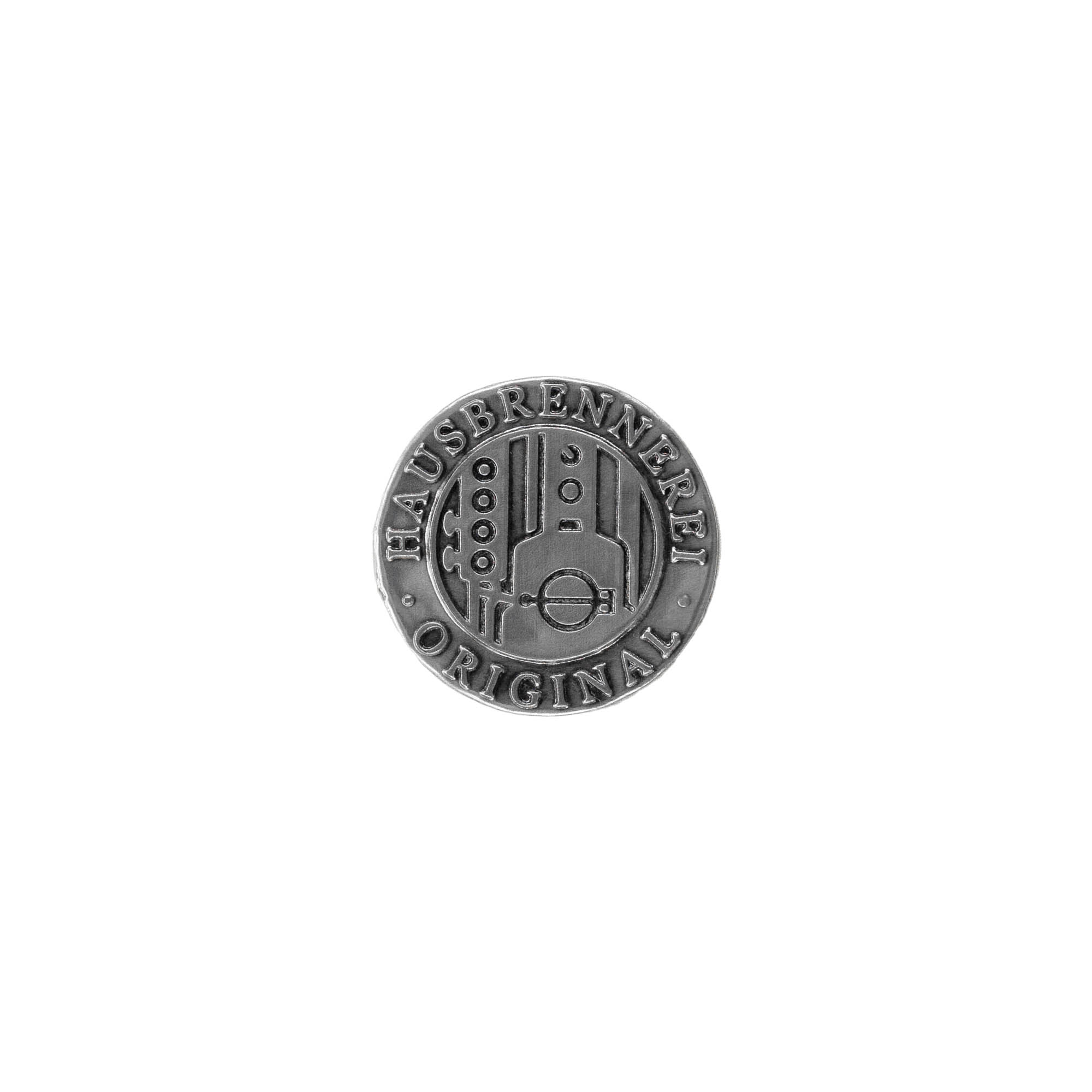 Tinlabel 'Hausbrennerei', rond, metaal, zilver Tinlabel 'Hausbrennerei', rond, metaal, zilver