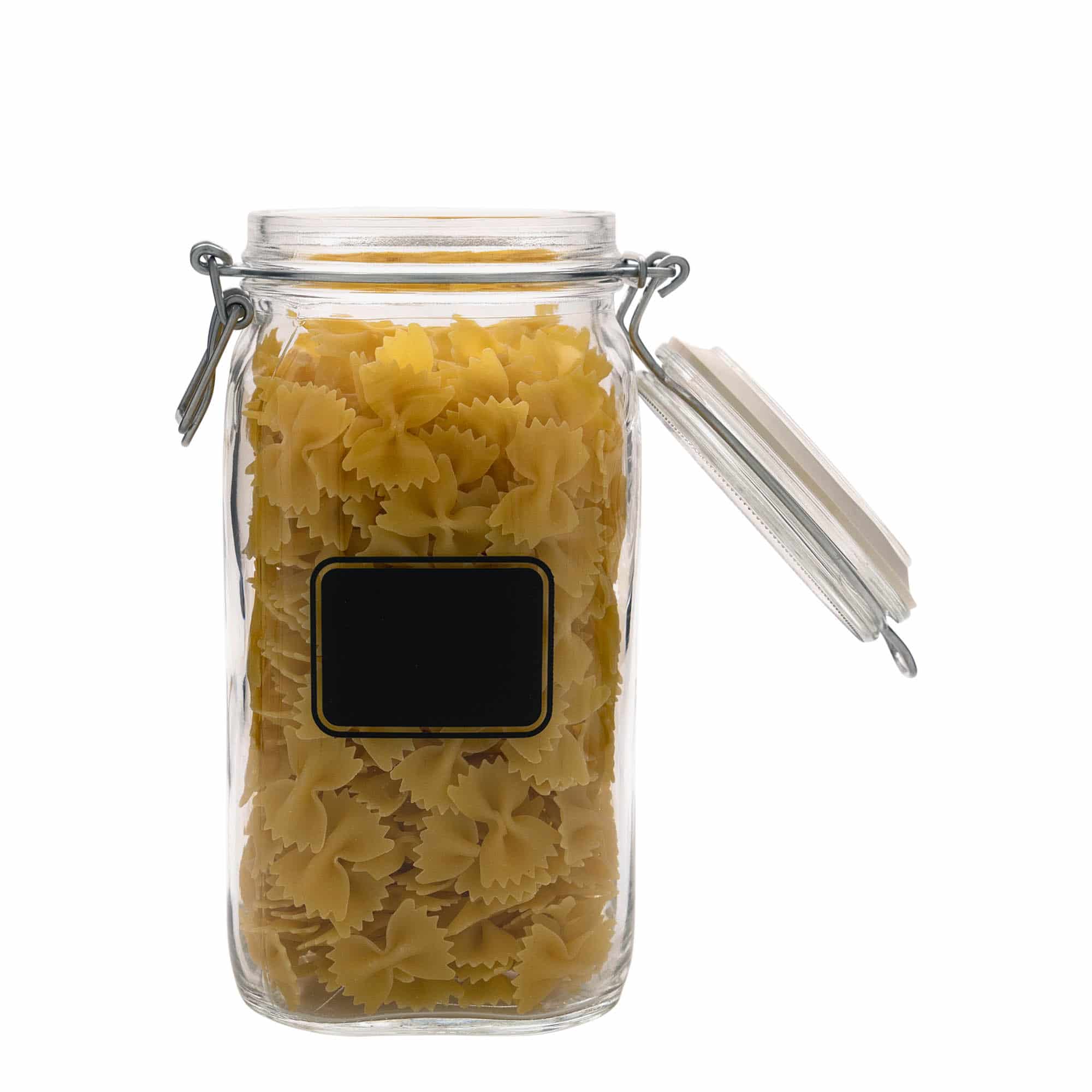 1.500 ml beugelfles 'Fido', motief: etiketveld, vierkant, opening: beugelsluiting