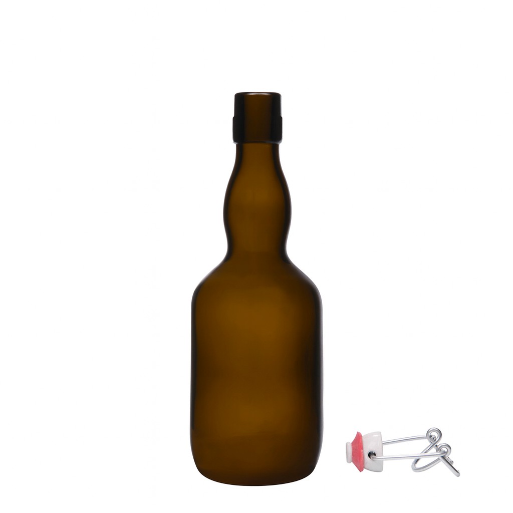 500 ml bierfles met halsverdikking, glas, antiekgroen, opening: beugelsluiting