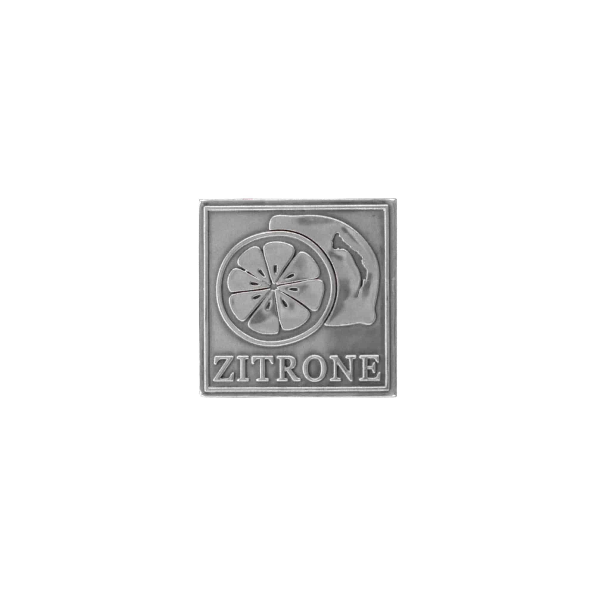 Tinnen etiket 'Citroen', vierkant, metaal, zilver Tinnen etiket 'Citroen', vierkant, metaal, zilver