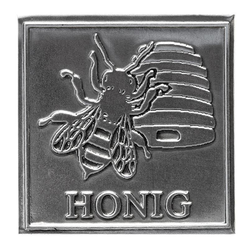 Tinnen etiket 'Honing', vierkant, metaal, zilver