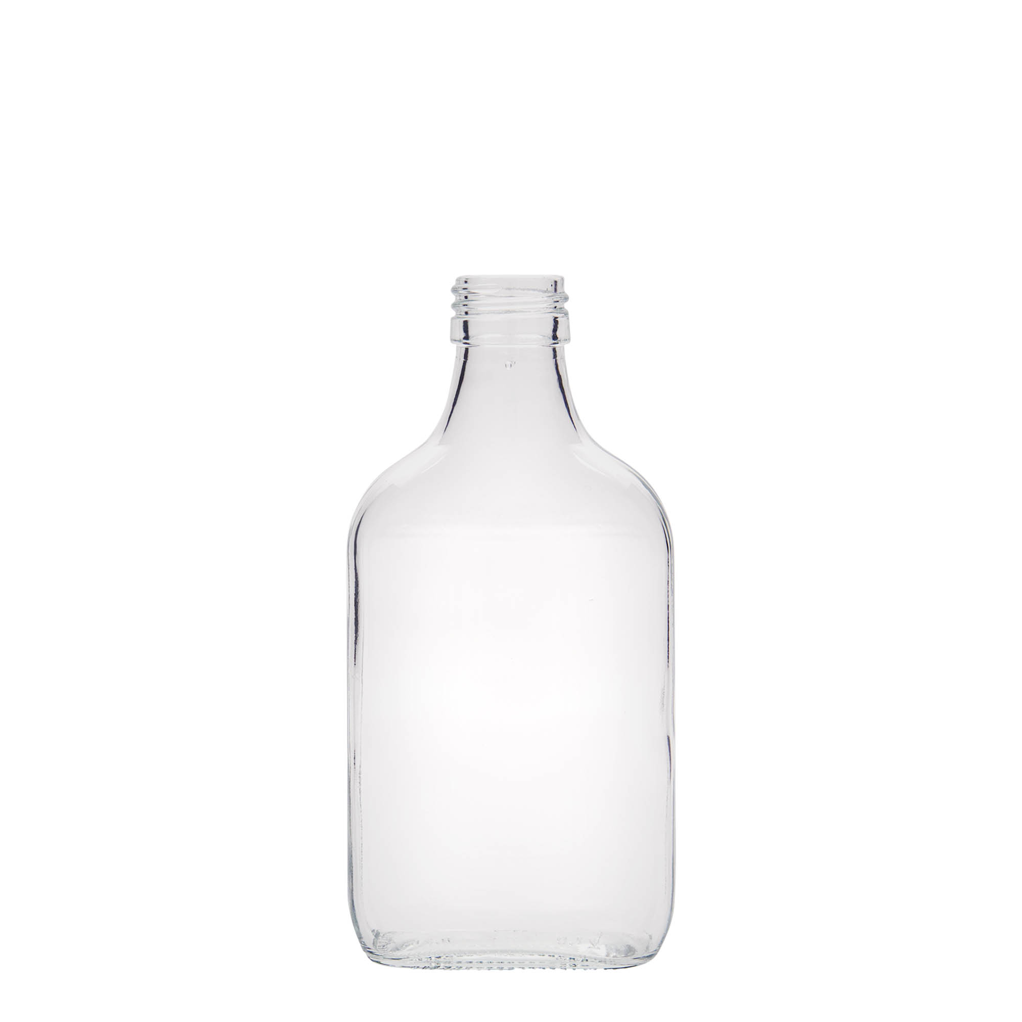 200 ml zakfles, rechthoekig, glas, opening: PP 28