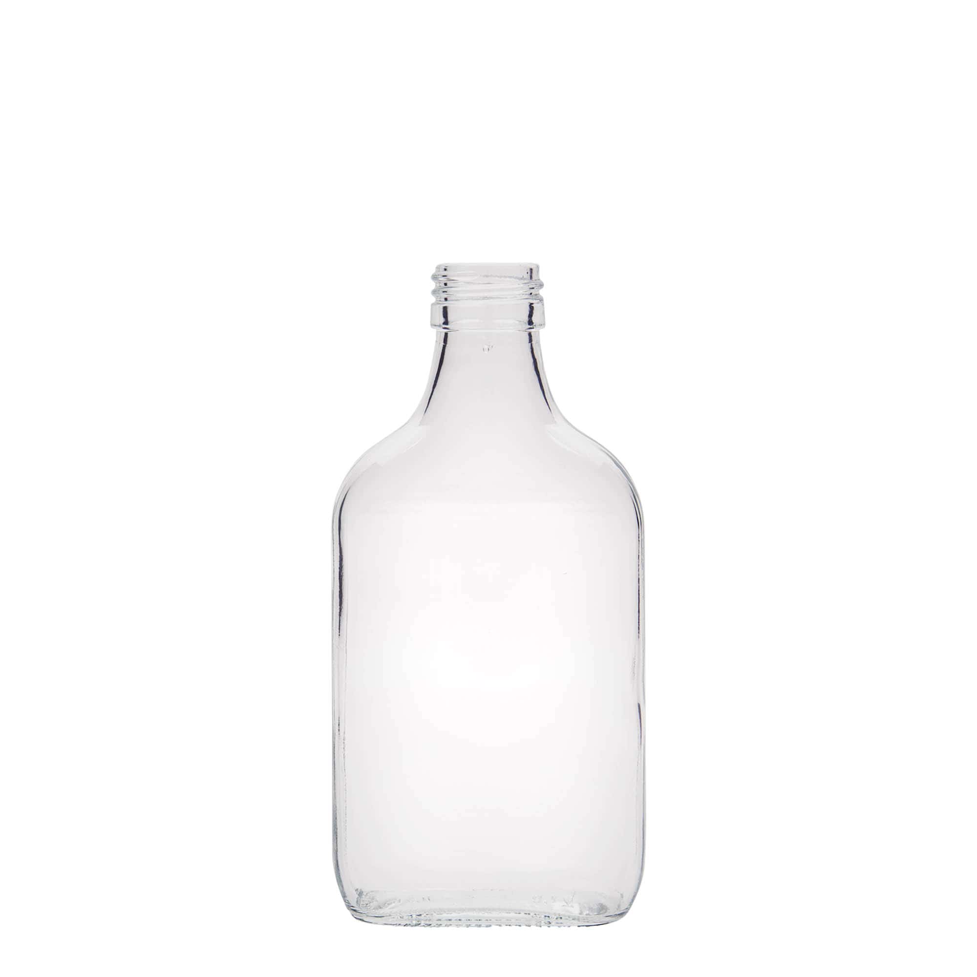 200 ml zakfles, rechthoekig, glas, opening: PP 28