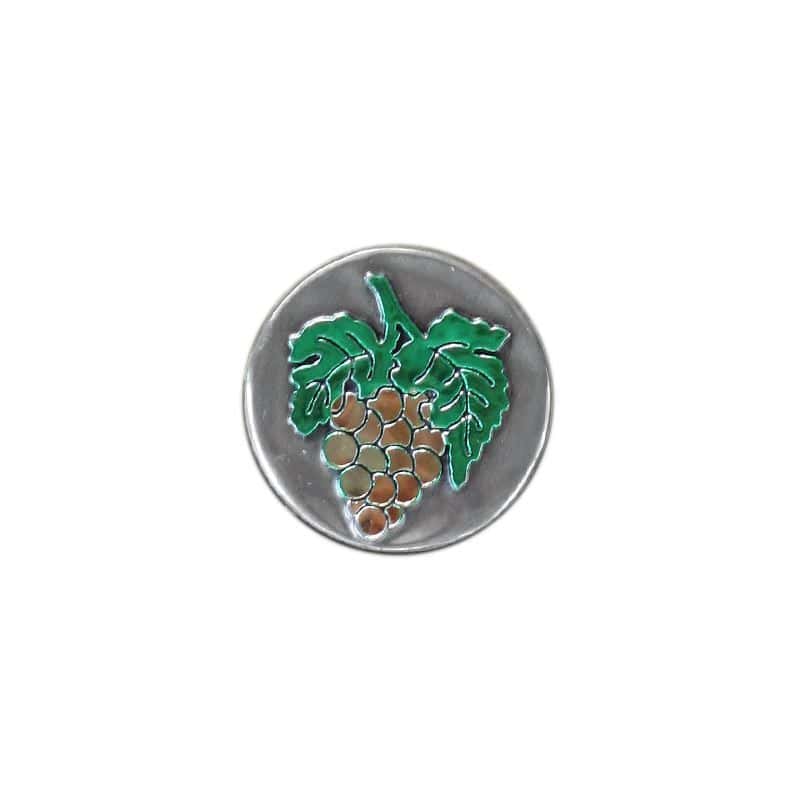 Tinnen etiket 'Druif', rond, metaal, zilver Tinnen etiket 'Druif', rond, metaal, zilver