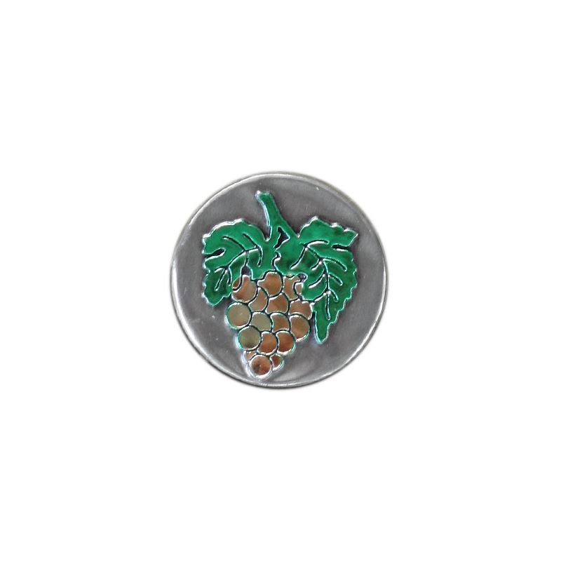 Loodetiket 'Druif', rond, metaal, zilver Loodetiket 'Druif', rond, metaal, zilver