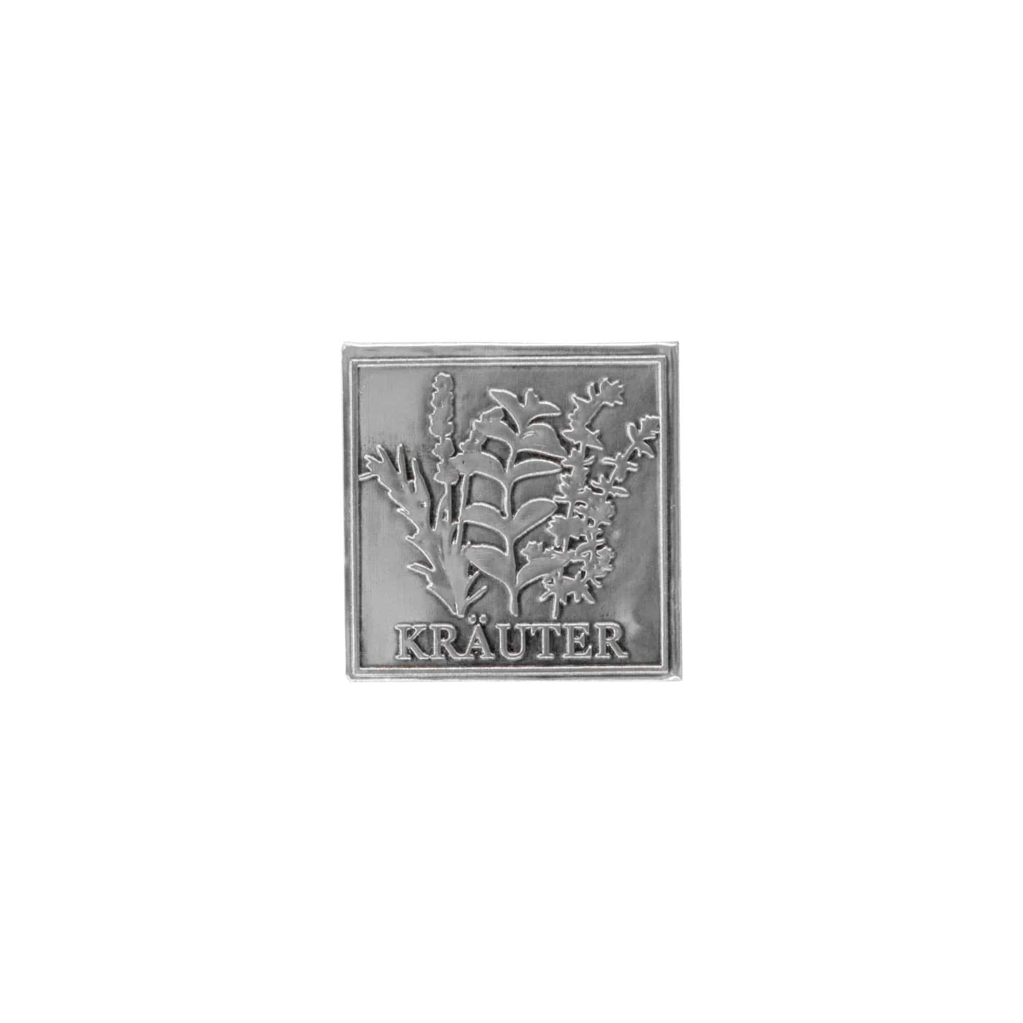 Tinlabel 'Kruiden', vierkant, metaal, zilver
