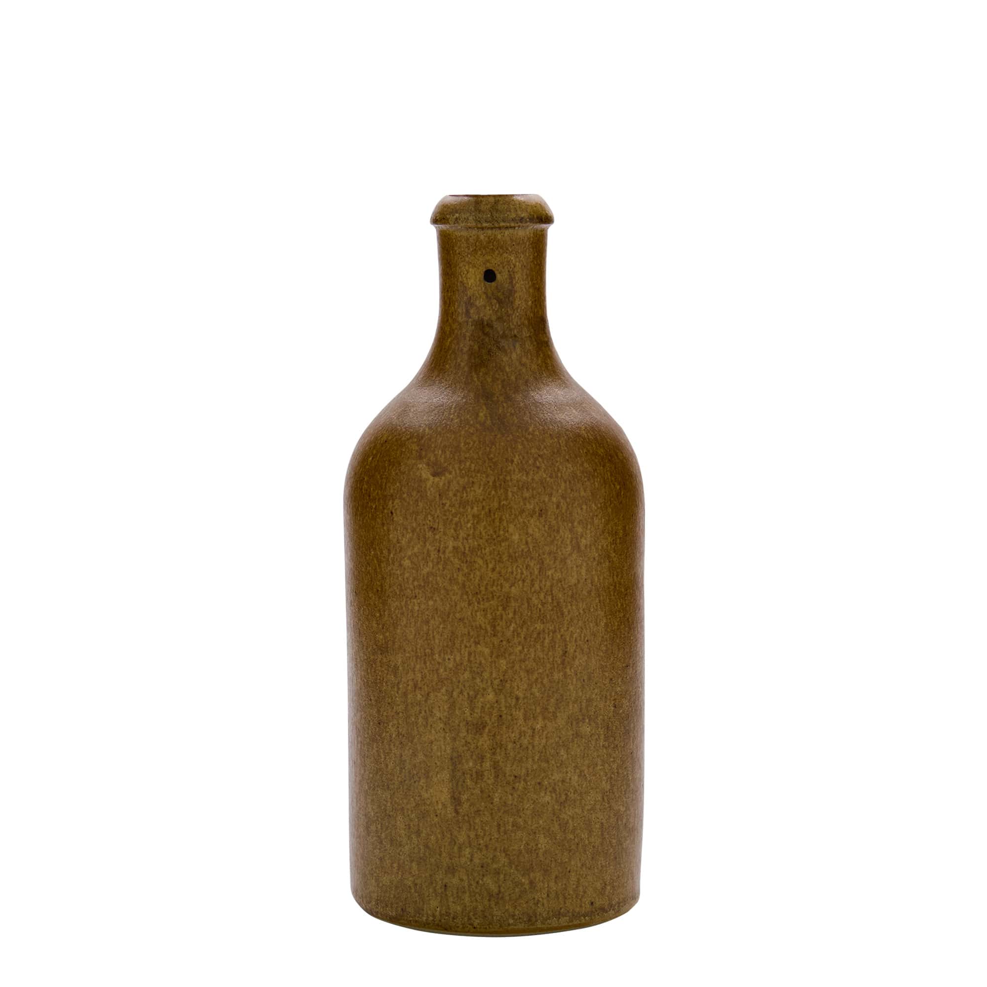 500 ml tonvormige kruik, steengoed, bruin-kristal, monding: beugelsluiting