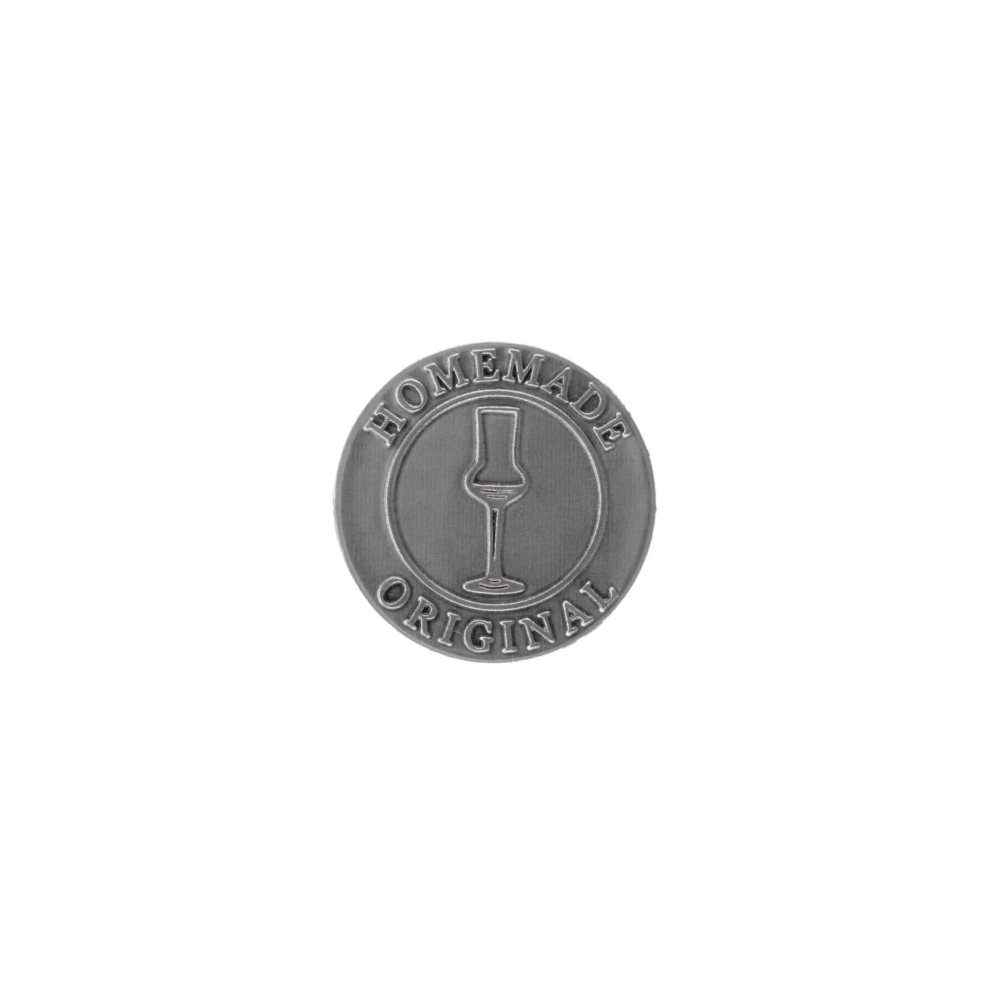Tinnen etiket 'Original Home Made', rond, metaal, zilver Tinnen etiket 'Original Home Made', rond, metaal, zilver