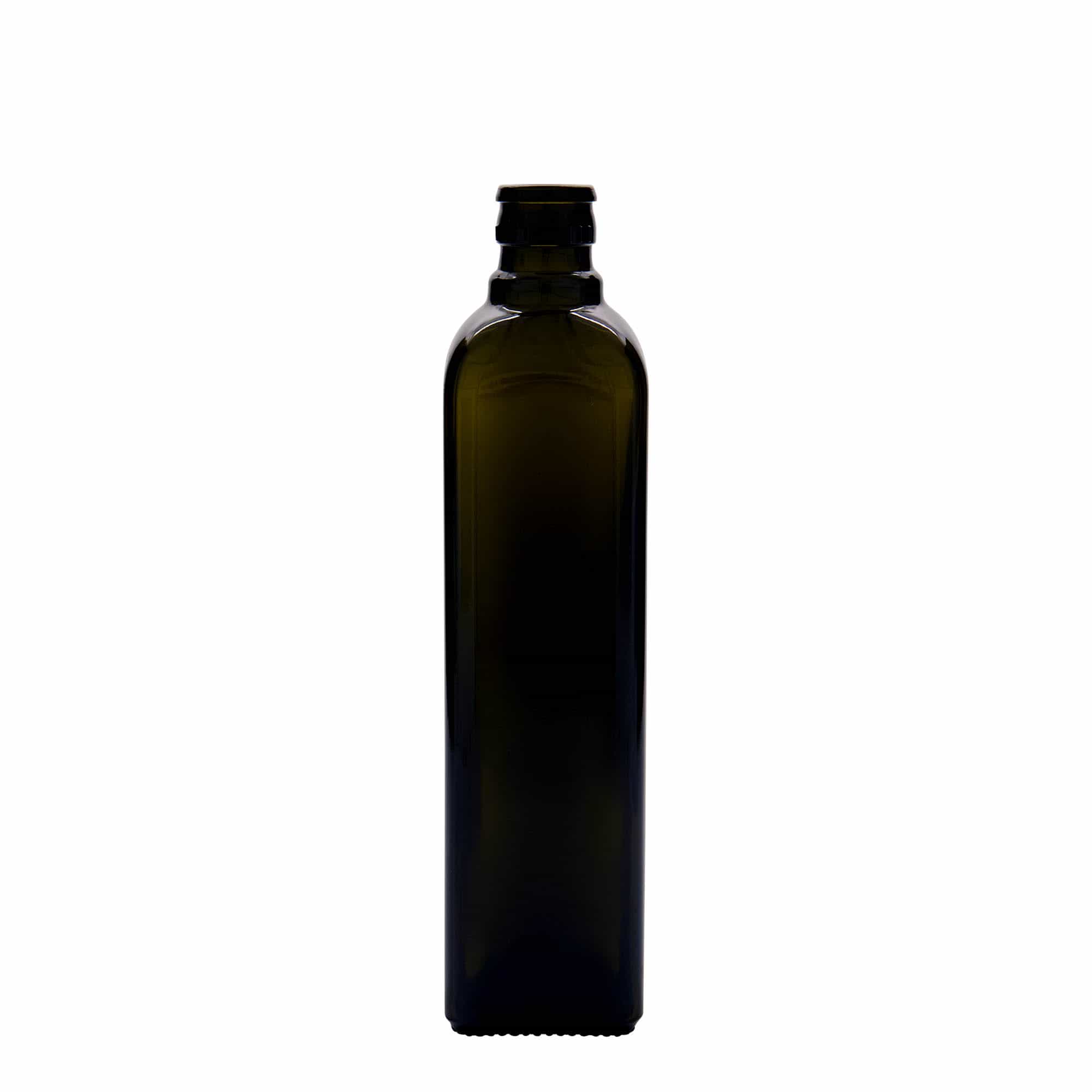 500 ml azijn-/olieflacon 'Quadra', glas, vierkant, antiekgroen, mondstuk: DOP