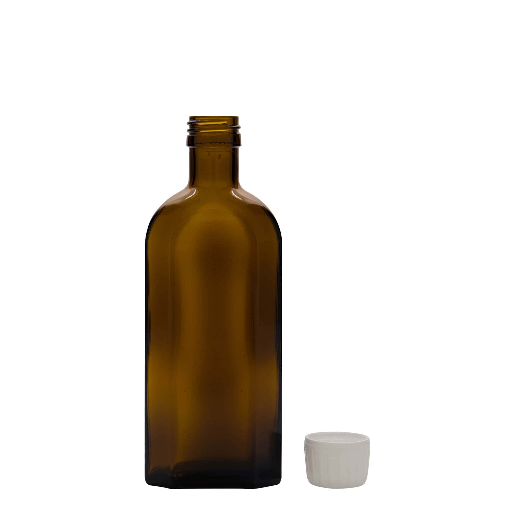 250 ml medicijnfles Meplat, ovaal, glas, bruin, opening: PP 28