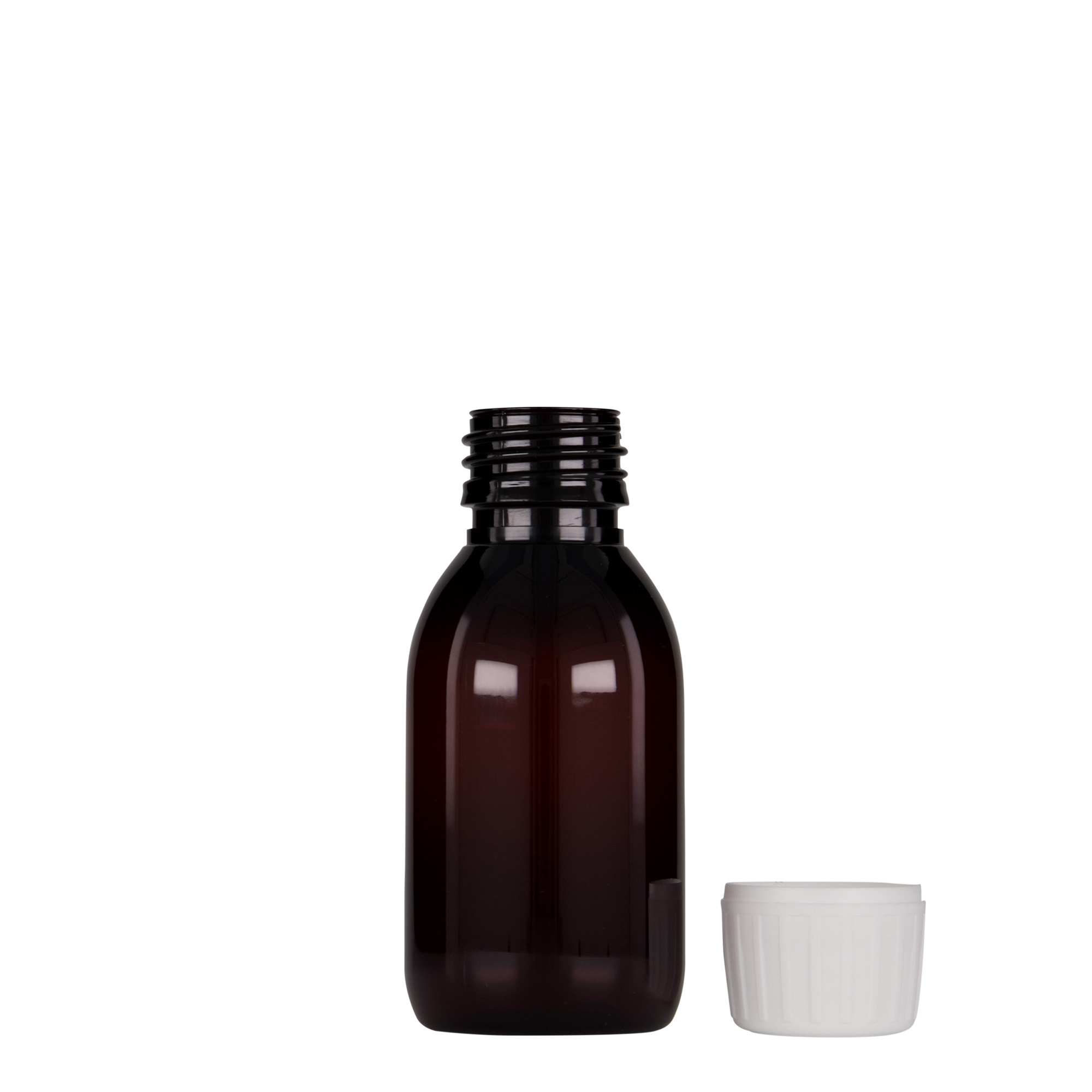 100 ml PET-medicijnfles, bruin, kunststof, opening: PP 28