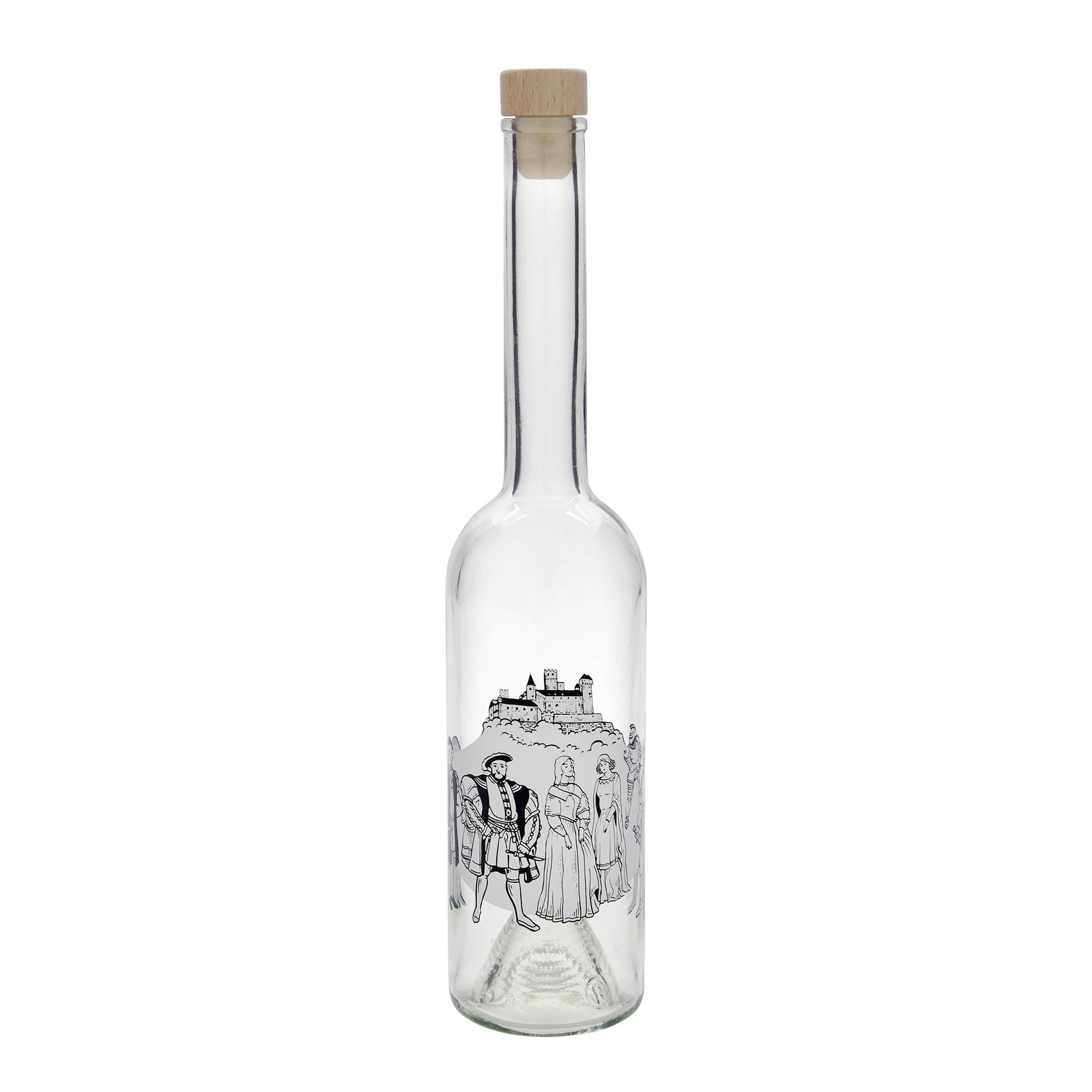 500 ml glazen fles 'Opera', motief: middeleeuwen, opening: kurk