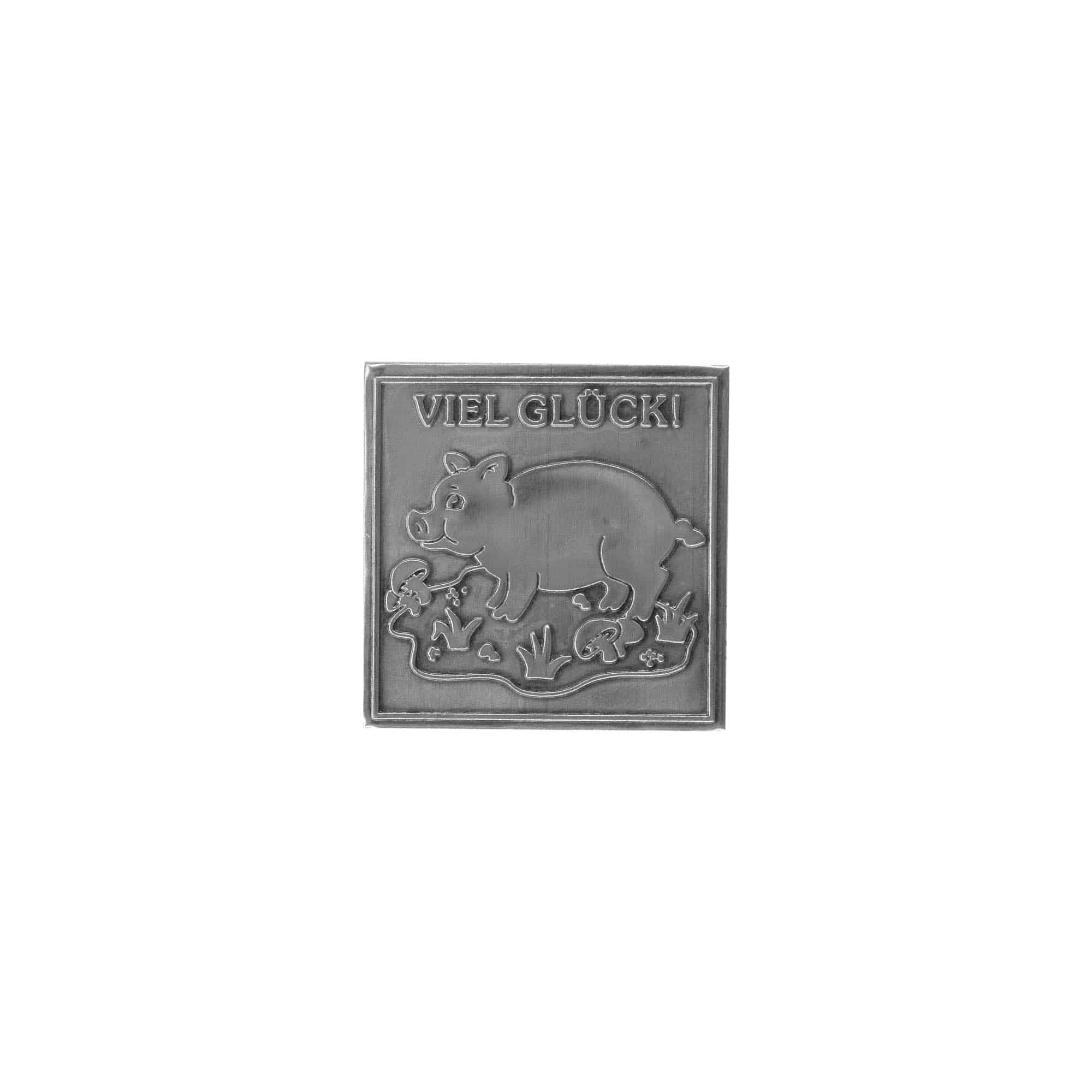 Tinnen etiket 'Veel geluk', vierkant, metaal, zilver Tinnen etiket 'Veel geluk', vierkant, metaal, zilver