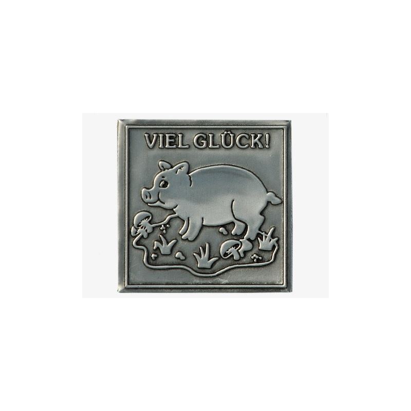 Tinlabel 'Veel geluk', vierkant, metaal, zilver Tinlabel 'Veel geluk', vierkant, metaal, zilver