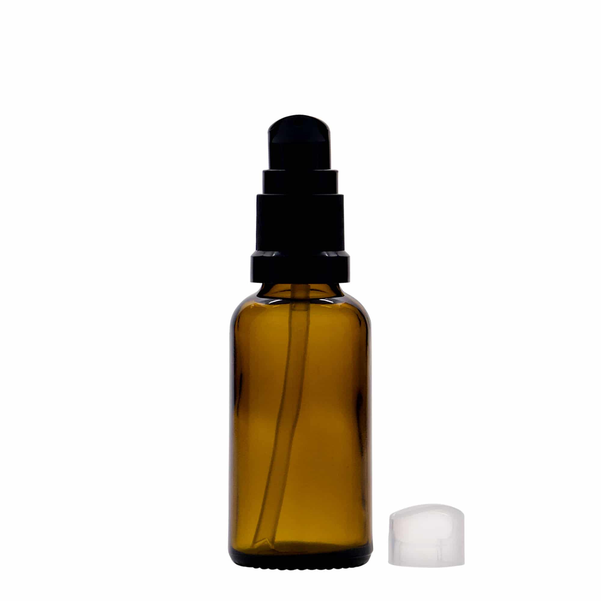 30 ml medicijnflesje met lotionpomp, glas, bruin, opening: DIN 18 30 ml medicijnflesje met lotionpomp, glas, bruin, opening: DIN 18