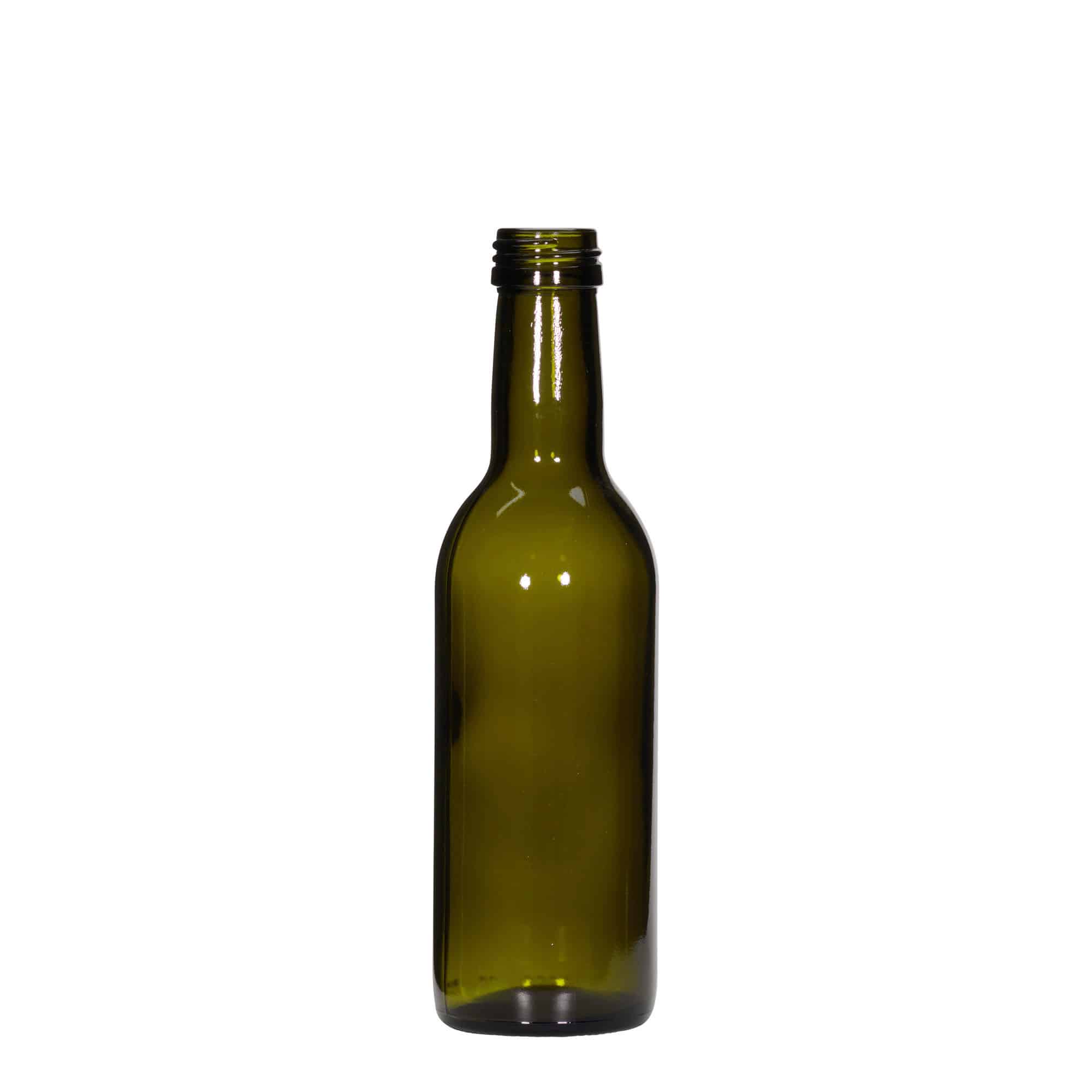 Glazen fles 'Bordeaux', 250 ml, antiekgroen, monding: PP 28 Glazen fles 'Bordeaux', 250 ml, antiekgroen, monding: PP 28