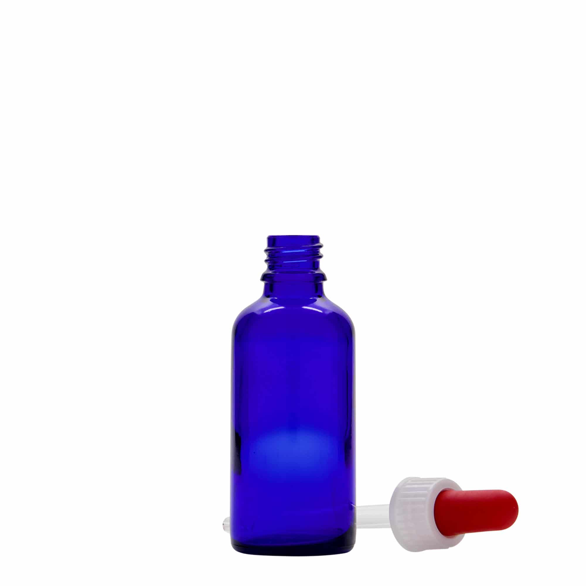 50 ml pipetflesje medicijn, glas, koningsblauw-rood, mondstuk: DIN 18