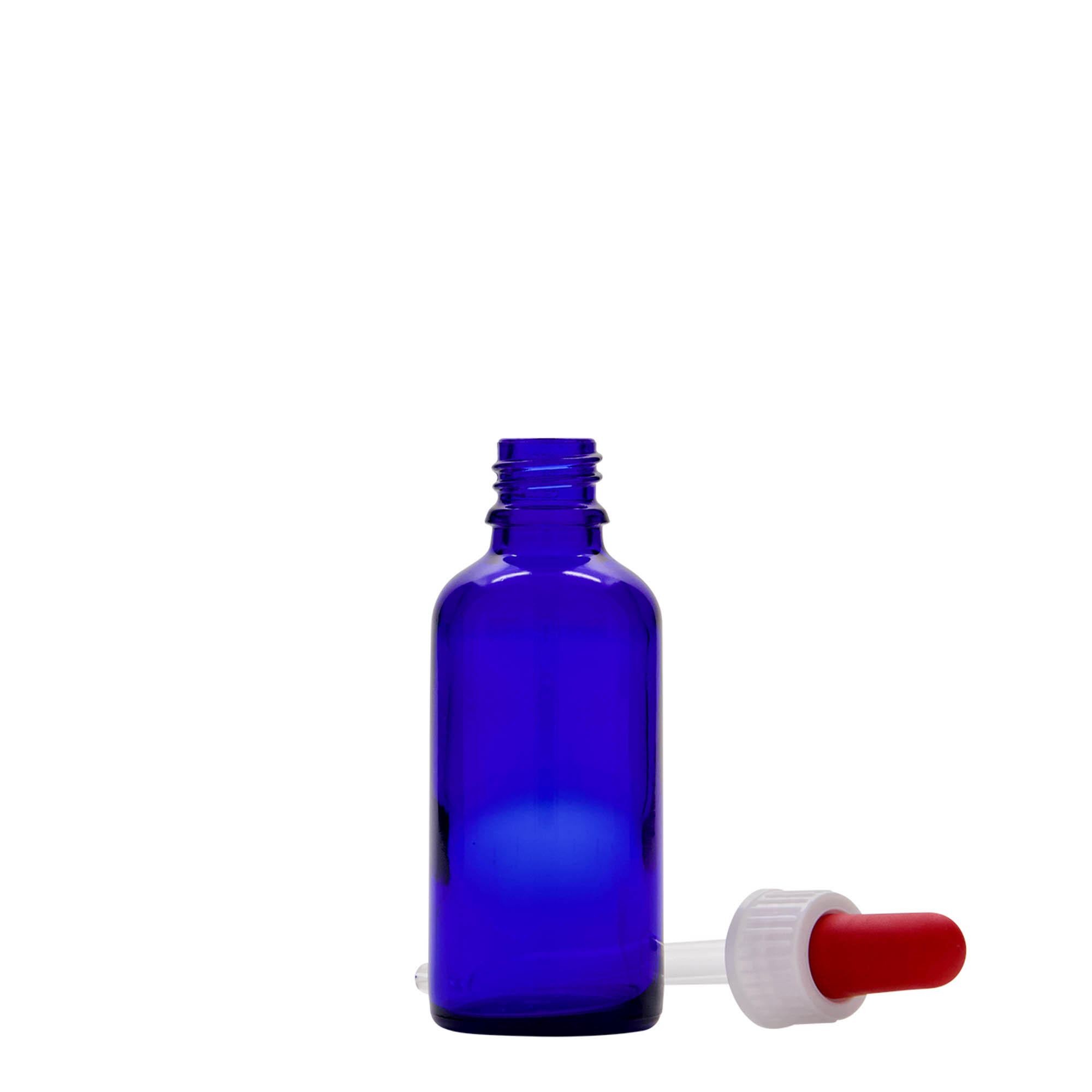 50 ml pipetflesje medicijn, glas, koningsblauw-rood, mondstuk: DIN 18