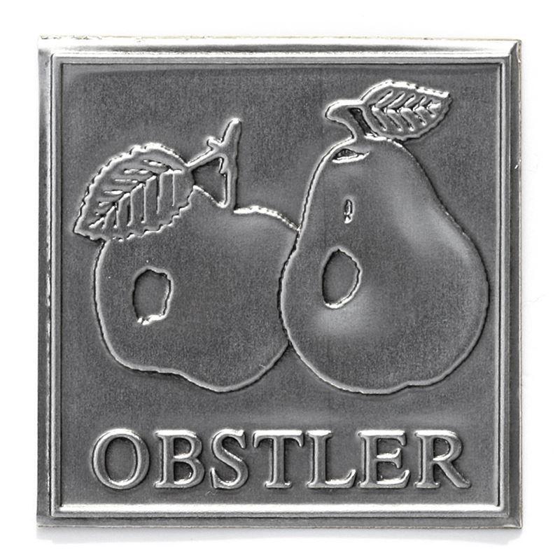 Tinlabel 'Obstler', vierkant, metaal, zilver Tinlabel 'Obstler', vierkant, metaal, zilver
