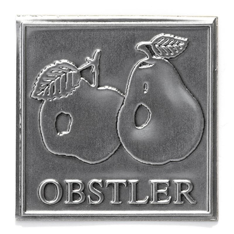 Tinlabel 'Obstler', vierkant, metaal, zilver