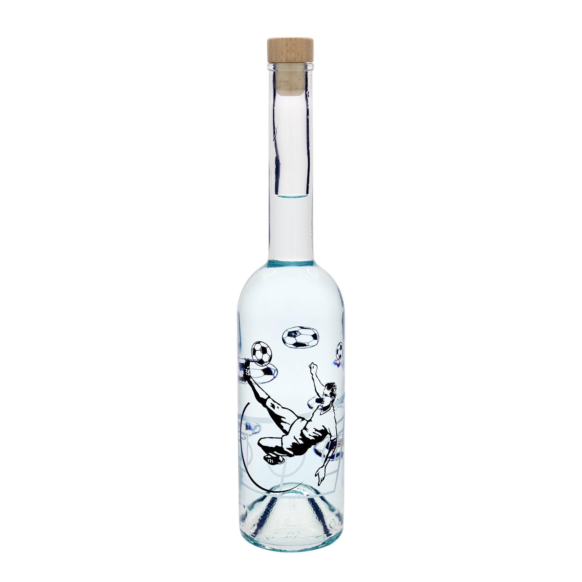 500 ml glazen fles 'Opera', motief: voetballer, hals: kurk