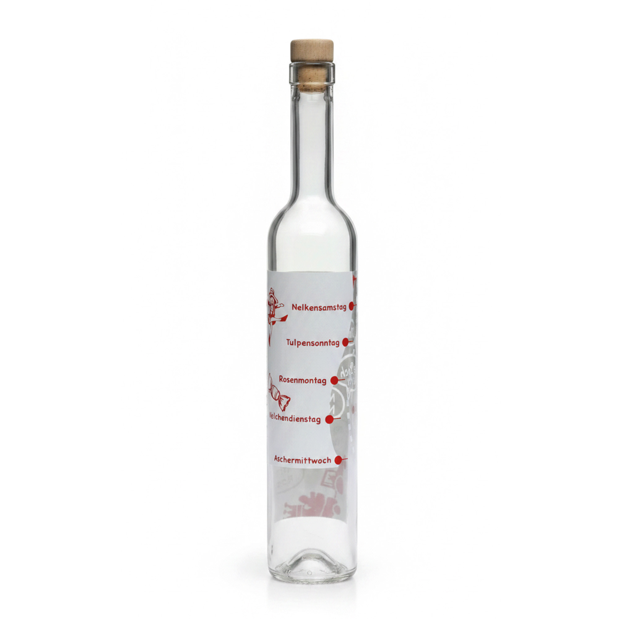 500 ml glazen fles Maximo bedrukt 'Carnaval', opening: kurk 500 ml glazen fles Maximo bedrukt 'Carnaval', opening: kurk