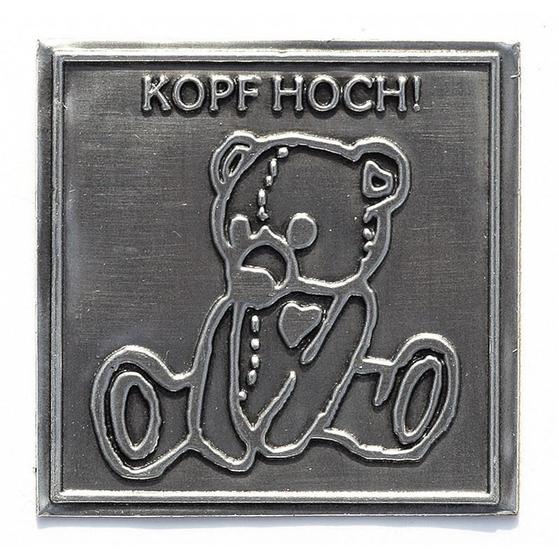 Tinlabel 'Kopf Hoch', vierkant, metaal, zilver Tinlabel 'Kopf Hoch', vierkant, metaal, zilver