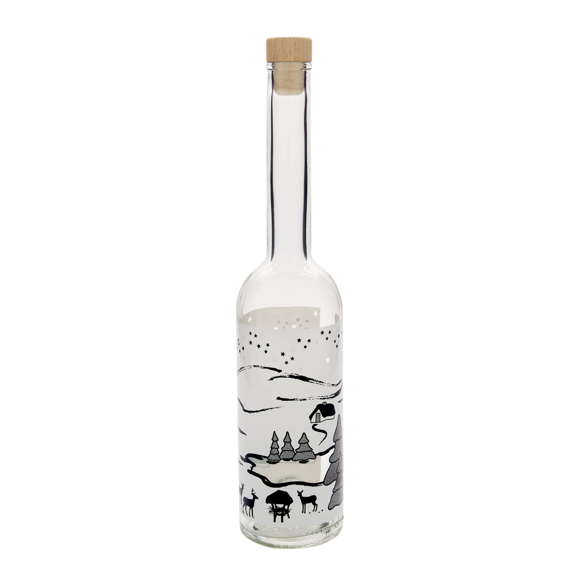 500 ml glazen fles 'Opera', motief: Wintertraum-Bianco, hals: kurk 500 ml glazen fles 'Opera', motief: Wintertraum-Bianco, hals: kurk