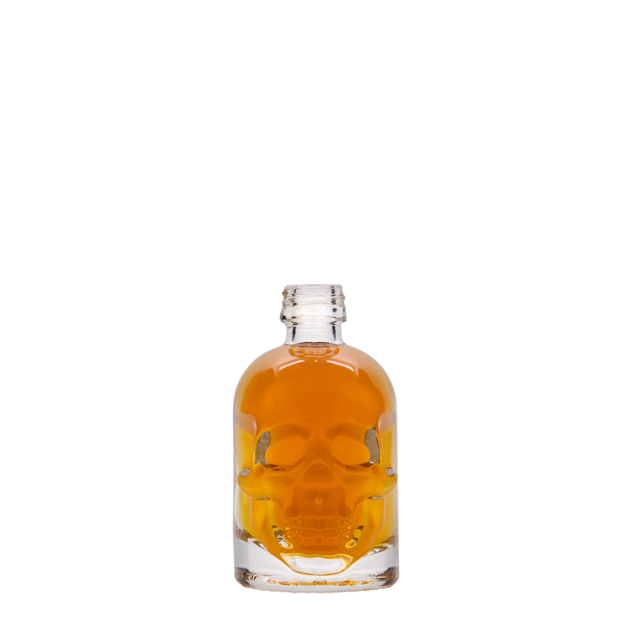 50 ml glazen fles 'Doodskop', mondstuk: PP 18 50 ml glazen fles 'Doodskop', mondstuk: PP 18