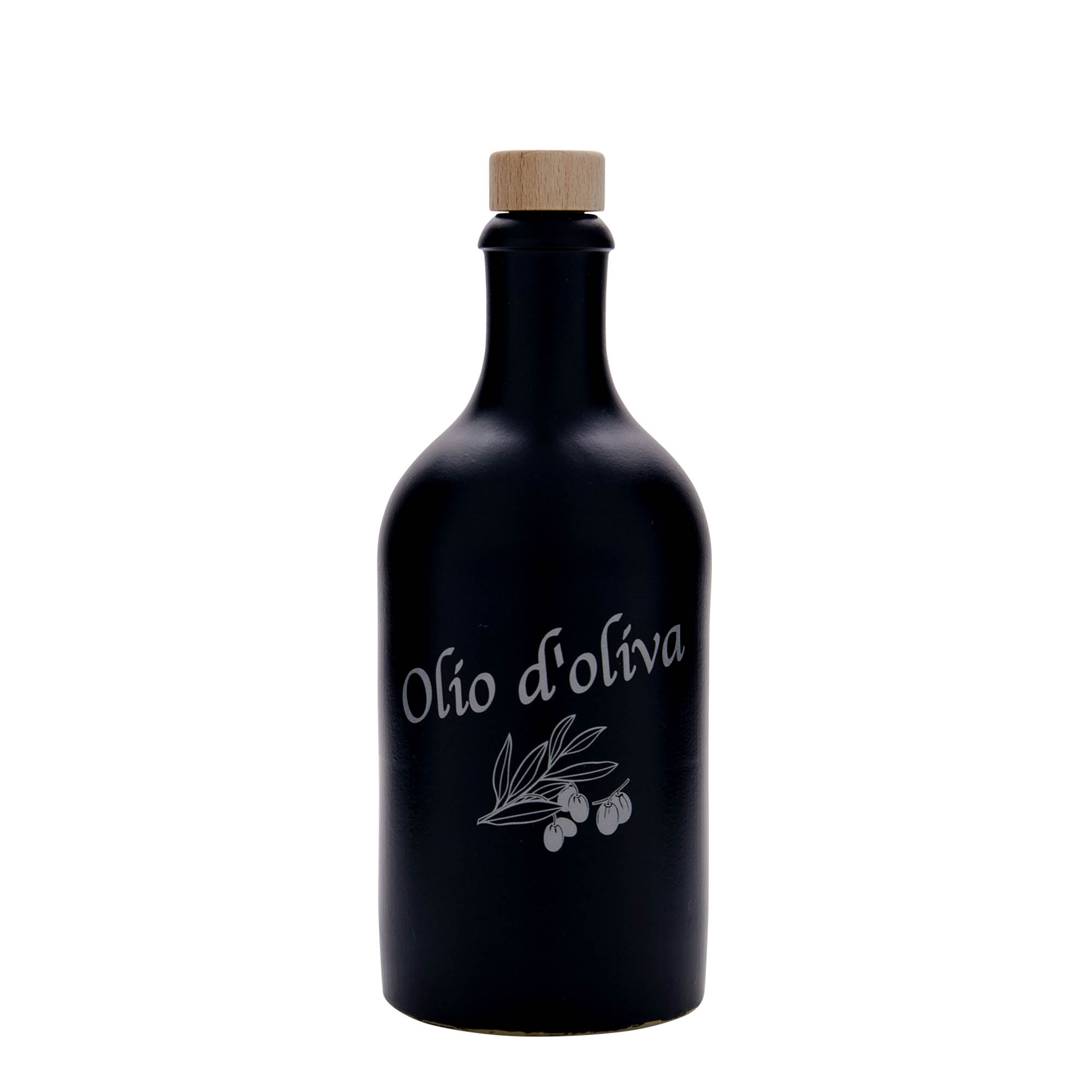 500 ml Tonkruik, motief: Olio d'Oliva, steengoed, zwart, monding: kurk 500 ml Tonkruik, motief: Olio d'Oliva, steengoed, zwart, monding: kurk