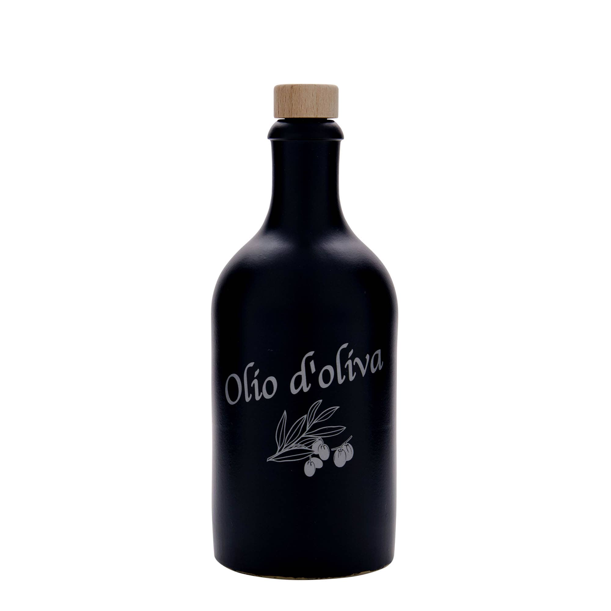 500 ml Tonkruik, motief: Olio d'Oliva, steengoed, zwart, monding: kurk