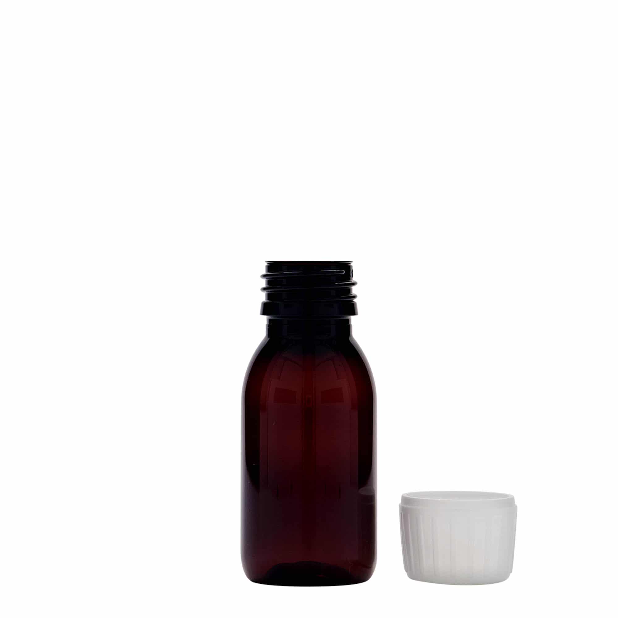 60 ml PET-medicijnfles, bruin, kunststof, opening: PP 28