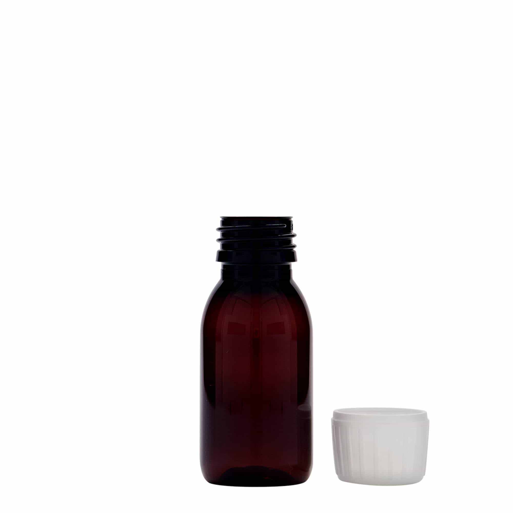 60 ml PET-medicijnfles, bruin, kunststof, opening: PP 28