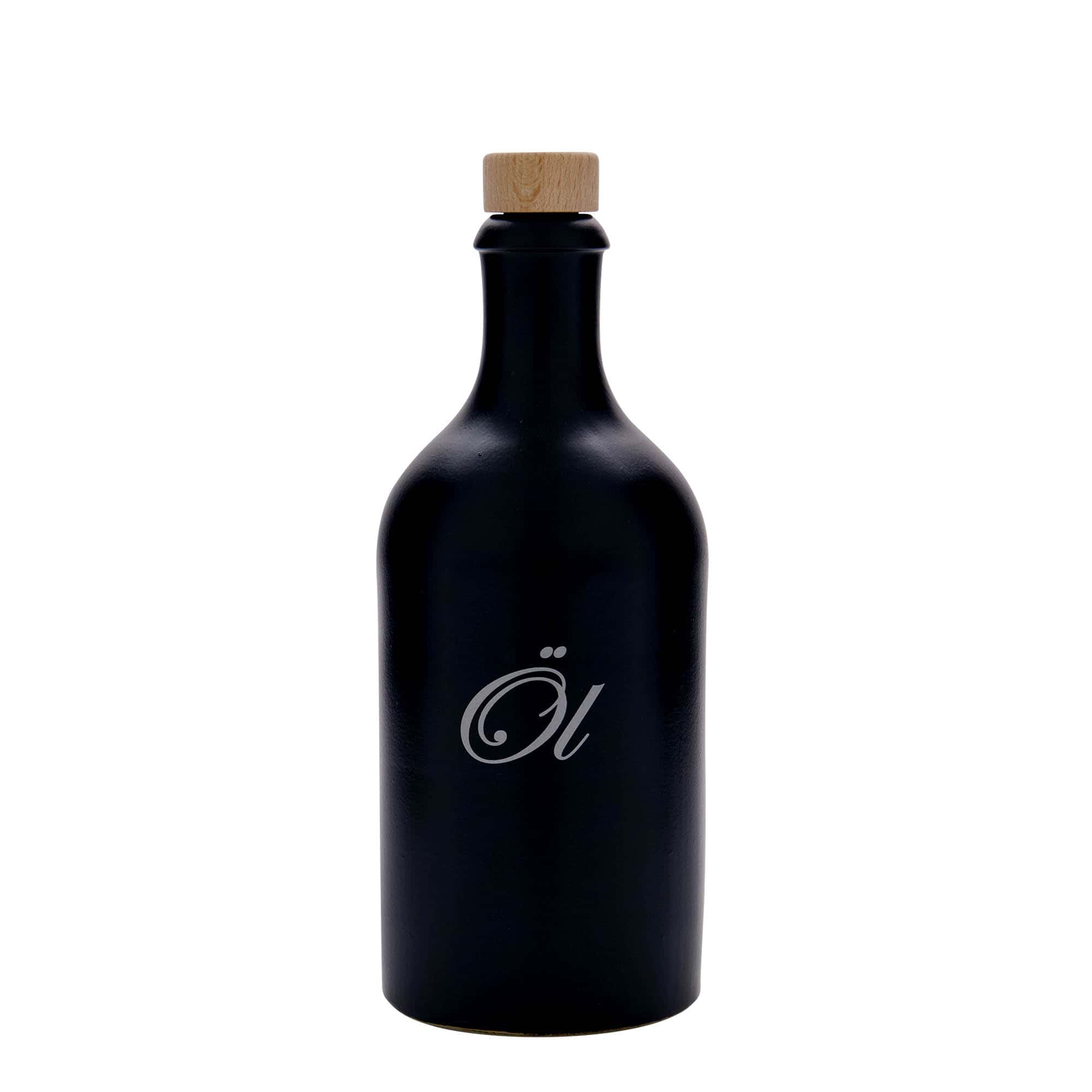 Keramische kruik, 500 ml, motief: Olie, steengoed, zwart, monding: kurk