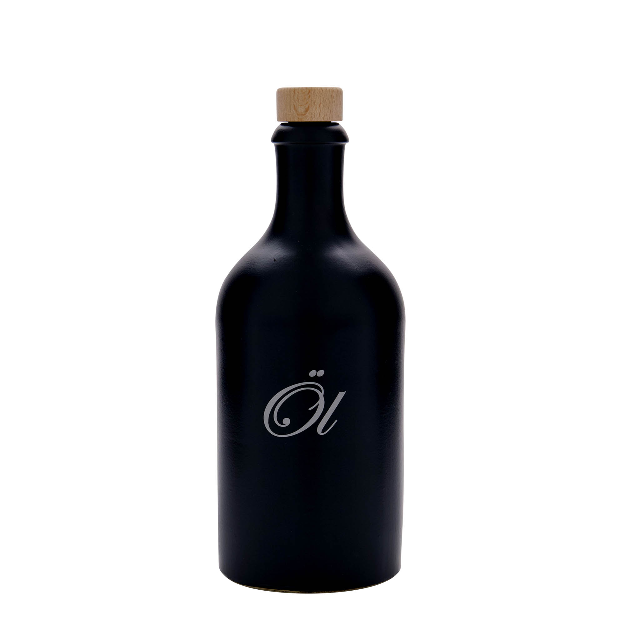 500 ml Tonkruik, motief: olie, steengoed, zwart, monding: kurk