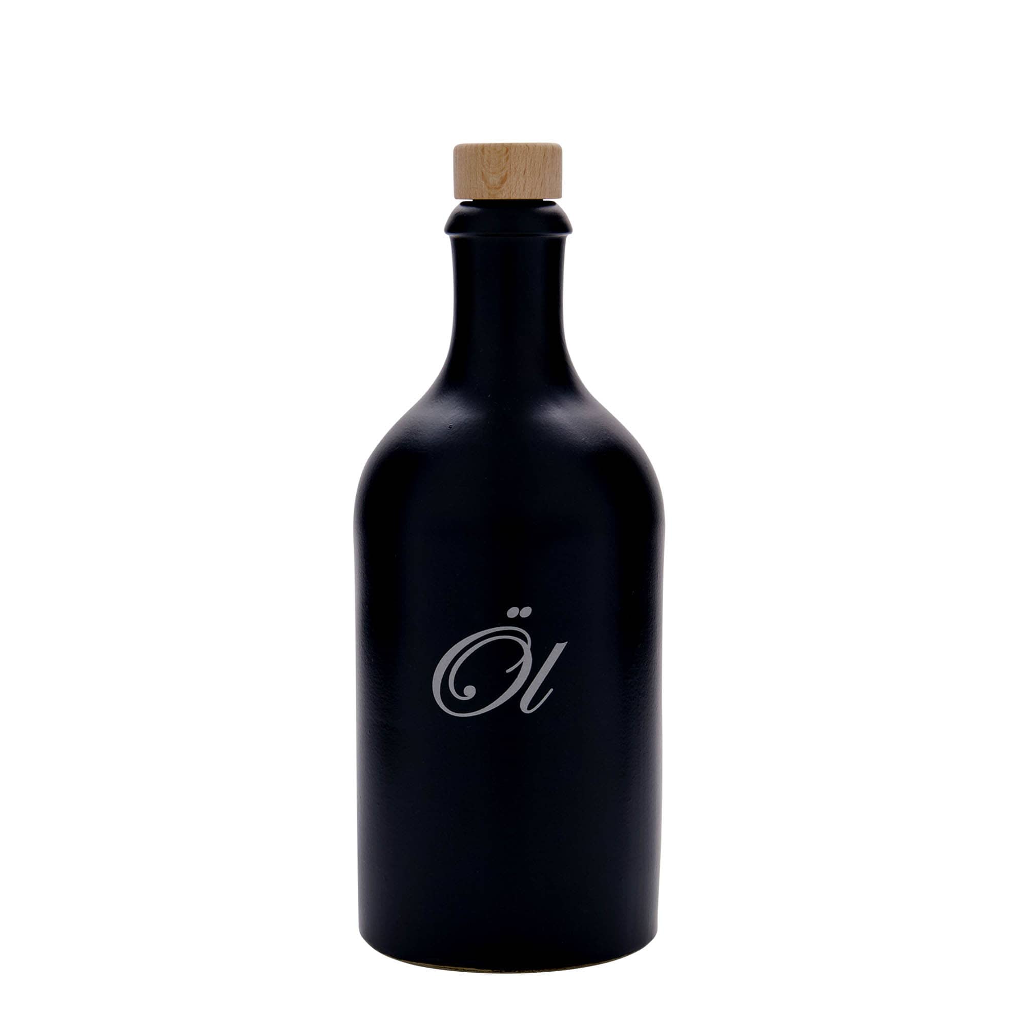 500 ml Tonkruik, motief: olie, steengoed, zwart, monding: kurk