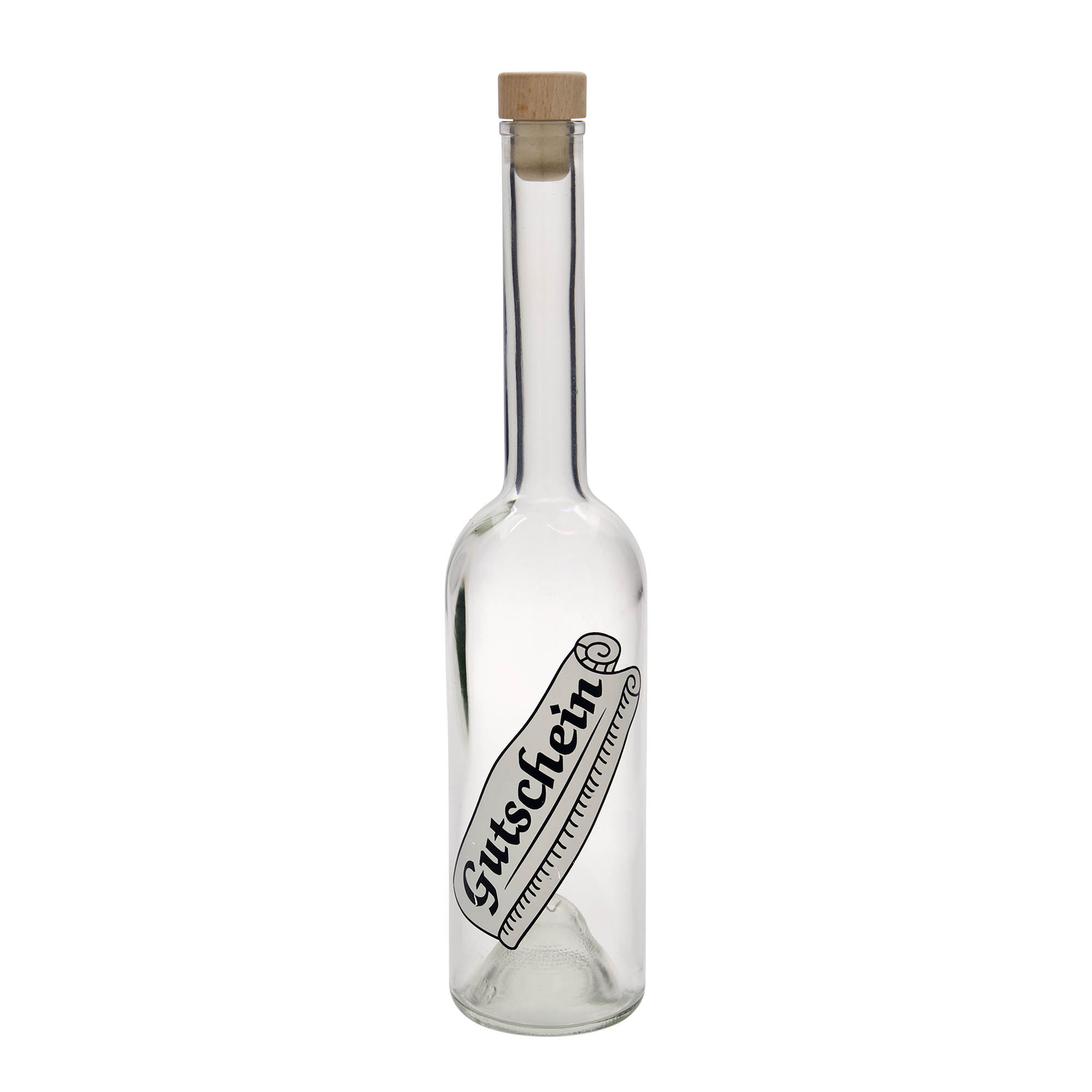 500 ml glazen fles 'Opera', motief: cadeaubon, hals: kurk