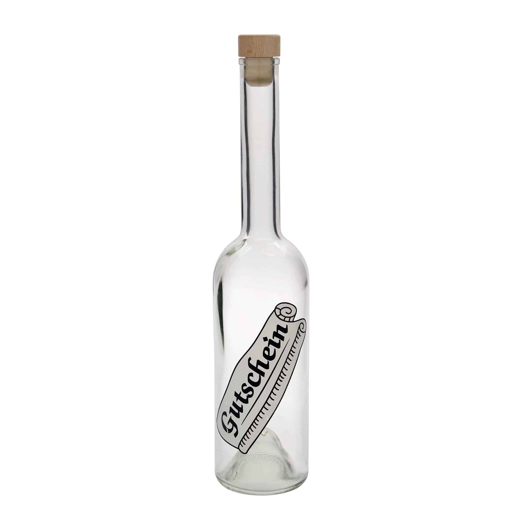 500 ml glazen fles 'Opera', motief: cadeaubon, hals: kurk