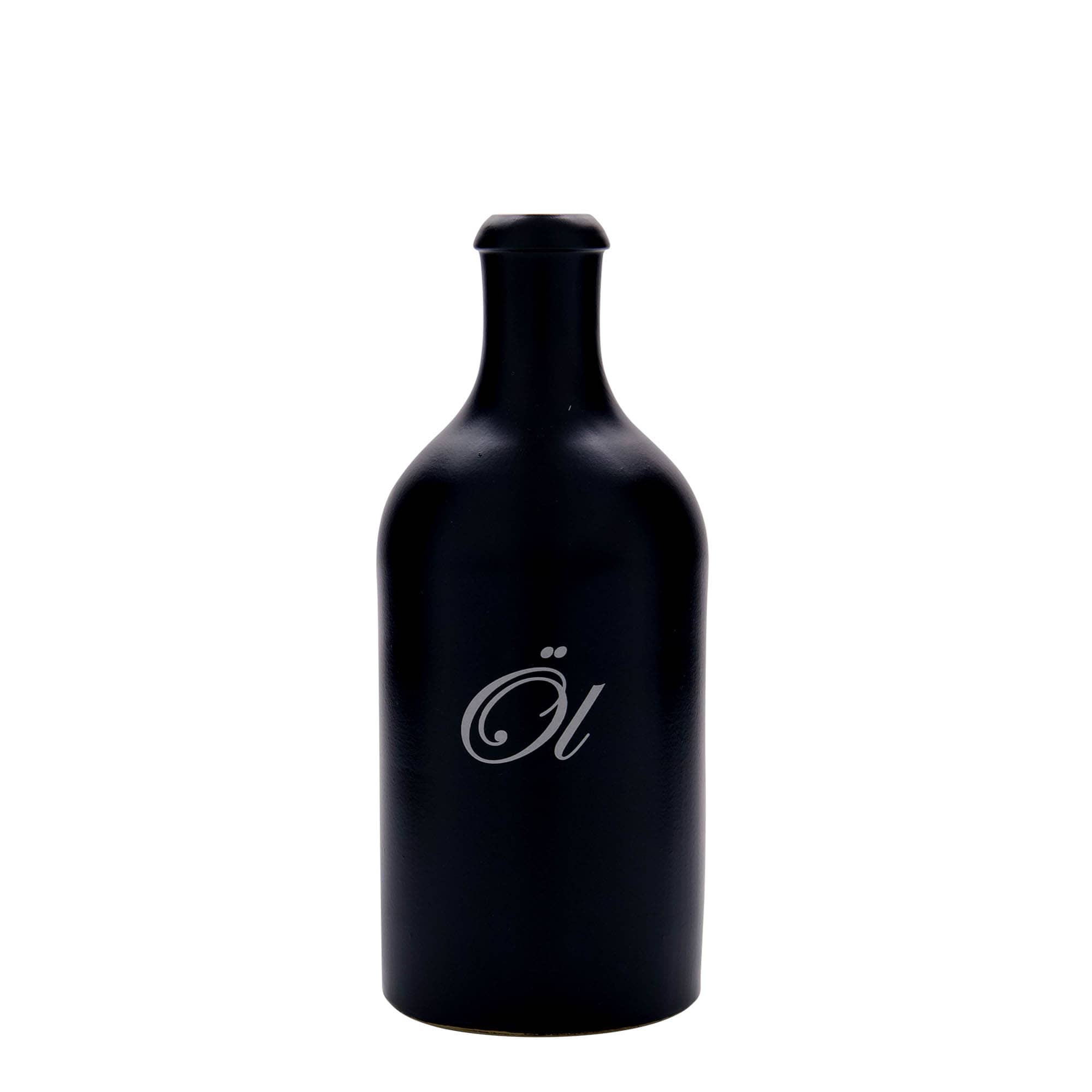 500 ml Tonkruik, motief: olie, steengoed, zwart, monding: kurk
