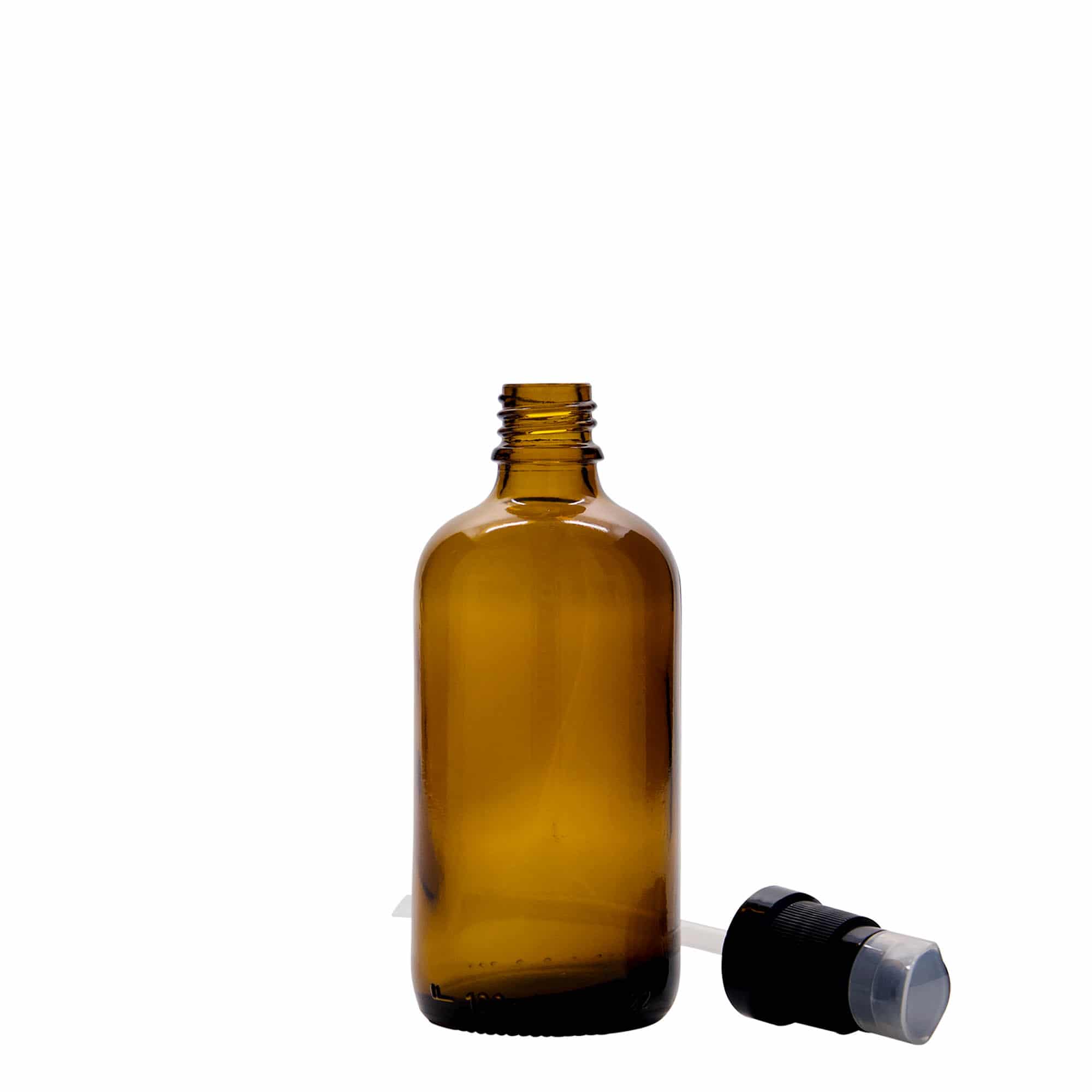 100 ml medicijnfles met lotionpomp, glas, bruin, mondstuk: DIN 18